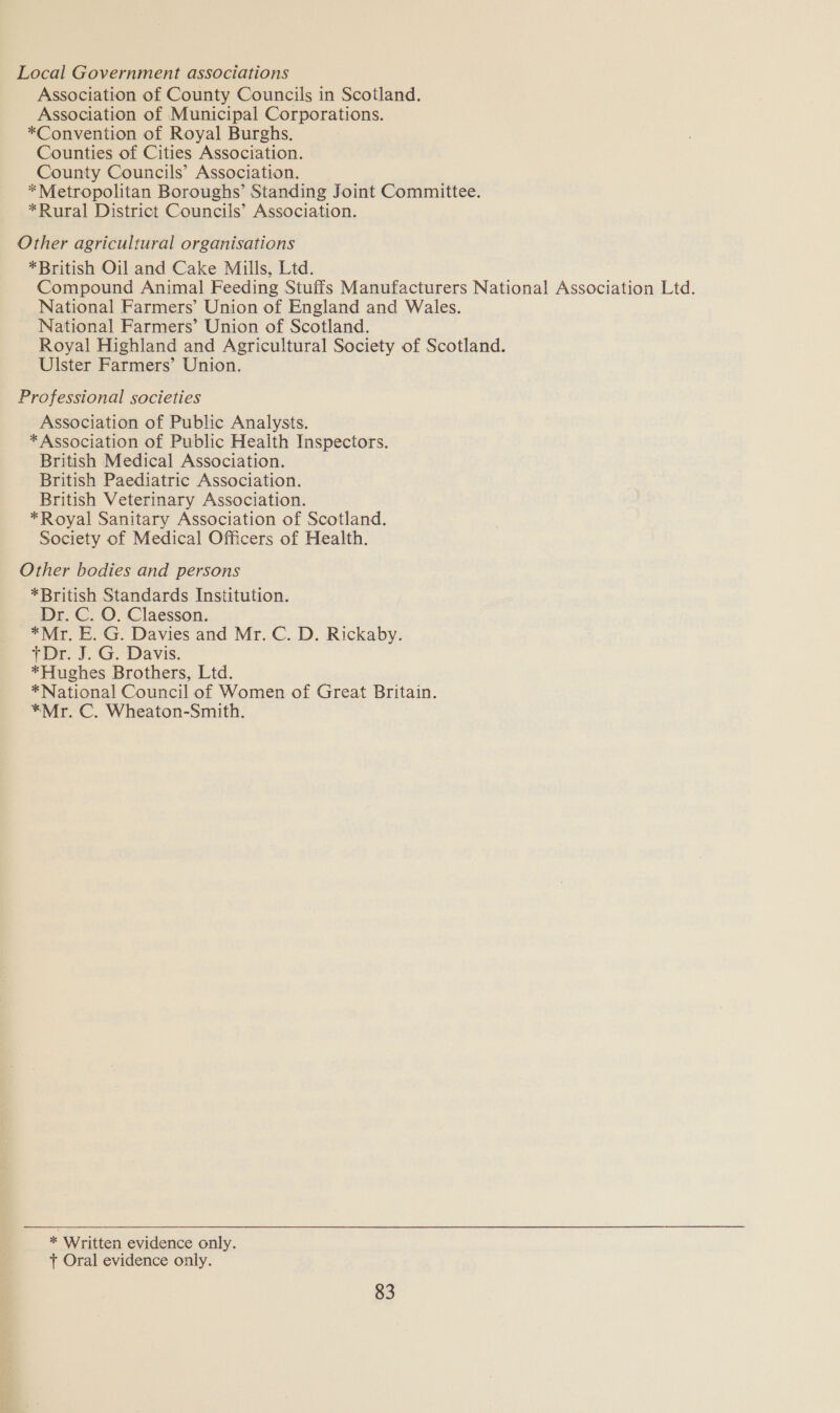 Local Government associations Association of County Councils in Scotland. Association of Municipal Corporations. *Convention of Royal Burghs. Counties of Cities Association. County Councils’ Association. *Metropolitan Boroughs’ Standing Joint Committee. *Rural District Councils’ Association. Other agricultural organisations *British Oil and Cake Mills, Ltd. Compound Animal Feeding Stuffs Manufacturers National Association Ltd. National Farmers’ Union of England and Wales. National Farmers’ Union of Scotland. Royal Highland and Agricultural Society of Scotland. Ulster Farmers’ Union. Professional societies Association of Public Analysts. * Association of Public Health Inspectors. British Medical Association. British Paediatric Association. British Veterinary Association. *Royal Sanitary Association of Scotland. Society of Medical Officers of Health. Other bodies and persons *British Standards Institution. Dr. C. O. Claesson. *Mr. E. G. Davies and Mr. C. D. Rickaby. +Dr. J. G. Davis. *Hughes Brothers, Ltd. *National Council of Women of Great Britain. *Mr. C. Wheaton-Smith. * Written evidence only. + Oral evidence only.