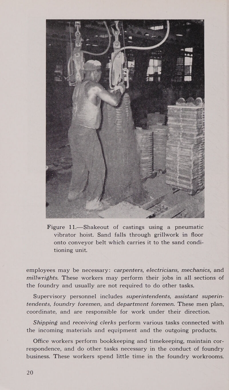  employees may be necessary: carpenters, electricians, mechanics, and millwrights. These workers may perform their jobs in all sections of the foundry and usually are not required to do other tasks. Supervisory personnel includes superintendents, assistant superin- tendents, foundry foremen, and department foremen. These men plan, coordinate, and are responsible for work under their direction. Shipping and receiving clerks perform various tasks connected with the incoming materials and equipment and the outgoing products. Office workers perform bookkeeping and timekeeping, maintain cor- respondence, and do other tasks necessary in the conduct of foundry business. These workers spend little time in the foundry workrooms.