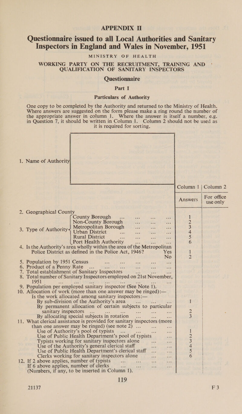 _ SOO DADAM — Hi. APPENDIX II Questionnaire issued to all Local Authorities and Sanitary Inspectors in England and Wales in November, 1951 MINISTRY OF HEALTH WORKING PARTY ON THE RECRUITMENT, TRAINING AND QUALIFICATION OF SANITARY INSPECTORS Questionnaire Part I Particulars of Authority One copy to be completed by the Authority and returned to the Ministry of Health. Where answers are suggested on the form please make a ring round the number of the appropriate answer in column 1. Where the answer is itself a number, e.g. in Question 7, it should be written in Column 1. Column 2 should not be used as it is required for sorting. .  Name of Authority Column | | Column 2 For office use only | ee Answers County Borough ; Non-County Borough Metropolitan Borough Urban District Rural District ; Port Health Authority ANMBRWN Police District as defined in the Police Act, 1946? Yes No N =  1951 Is the work allocated among sanitary inspectors :— By sub-division of the Authority’s area f By permanent allocation of certain subjects to particular sanitary inspectors ii ae “isis  WN By allocating special subjects 1 in ‘rotation aes What clerical assistance is provided for sanitary inspectors (more than one answer may be ringed) (see note 2) . ra a Use of Authority’s pool of typists : Use of Public Health Department’s pool of typists Typists working for sanitary inspectors alone Use of the Authority’s general clerical staff Use of Public Health Department’s clerical staff Clerks working for sanitary inspectors alone If 2 above applies, number of typists If 6 above applies, number of clerks (Numbers, if any, to be inserted in Column 1). NMnBWNe 