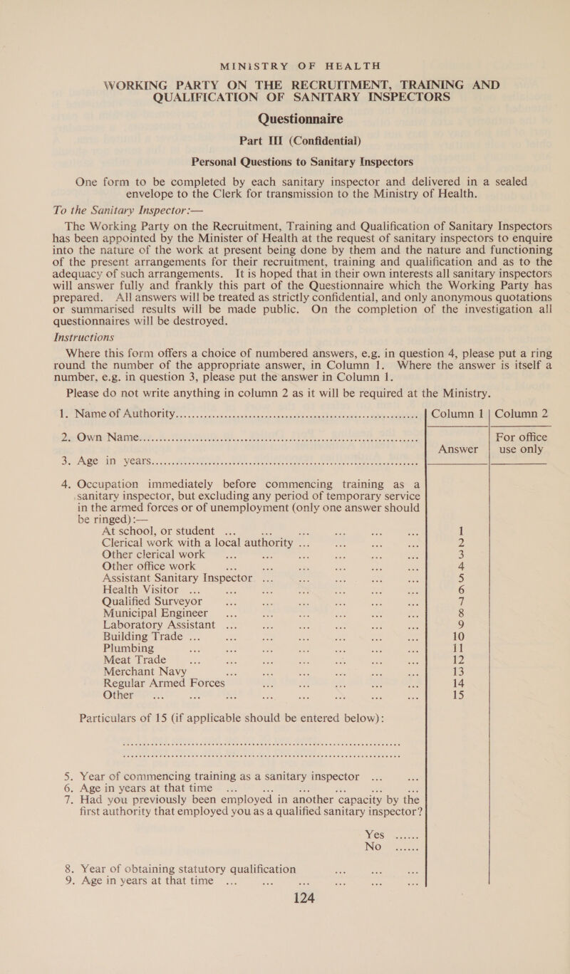 WORKING PARTY ON THE RECRUITMENT, TRAINING AND QUALIFICATION OF SANITARY INSPECTORS Questionnaire Part If] (Confidential) Personal Questions to Sanitary Inspectors One form to be completed by each sanitary inspector and delivered in a sealed envelope to the Clerk for transmission to the Ministry of Health. To the Sanitary Inspector:— The Working Party on the Recruitment, Training and Qualification of Sanitary Inspectors has been appointed by the Minister of Health at the request of sanitary inspectors to enquire into the nature of the work at present being done by them and the nature and functioning of the present arrangements for their recruitment, training and qualification and as to the adequacy of such arrangements. It is hoped that in their own interests all sanitary inspectors will answer fully and frankly this part of the Questionnaire which the Working Party has prepared. All answers will be treated as strictly confidential, and only anonymous quotations or summarised results will be made public. On the completion of the investigation all questionnaires will be destroyed. Instructions Where this form offers a choice of numbered answers, e.g. in question 4, please put a ring round the number of the appropriate answer, in Column 1. Where the answer is itself a number, e.g. in question 3, please put the answer in Column 1. Please do not write anything in column 2 as it will be required at the Ministry. PP PINAMIC OL AMUMOLILY 3... 5.05 oias si ceaabnisie me cman abe onda thasdrarihes «ibm cette Column 1 | Column 2 ce Ke ava NOP oe ss SEs hay eee Soca ce tie cic ons mie neaen oan usa For office Answer | use only 2 Be RO TAN. PV CATS os ssa AE ay wh os eee eae ee eure 4. Occupation immediately before commencing training as a sanitary inspector, but excluding any period of temporary service in the armed forces or of unemployment (only one answer should be ringed) :— At school, or student ... 1 Clerical work with a local authority .. Z Other clerical work Ae 3 Other office work 4 Assistant Sanitary Inspector 5 Health Visitor a 6 Qualified Surveyor 7 Municipal Engineer 8 Laboratory Assistant hes aa BBs Co ha 9 Building Trade ... a bee, ae Ae RAG oe 10 Plumbing ae. ae a af a oe ee il Meat Trade ieee es oe — x ve ie 12 Merchant Navy : — a see ie re 13 Regular Armed Forces - ee Ad ah AN: a 14 Other oP*s; ame — Nae set > ee aes 15 Particulars of 15 (if applicable should be entered below): i ee ee ee a er ey COTTER HETERO HE EEF TFS ETE HHH EHR EHH OHH HEH HES ORE HOH ES HHH SHOE HEH ERE EO EOE . Year of commencing training as a sanitary inspector . Age in years at that time . Had you previously been employed in another’ capacity by the first authority that employed you as a qualified sanitary inspector? SVAN 8. Year of obtaining statutory qualification 9. Age in years at that time