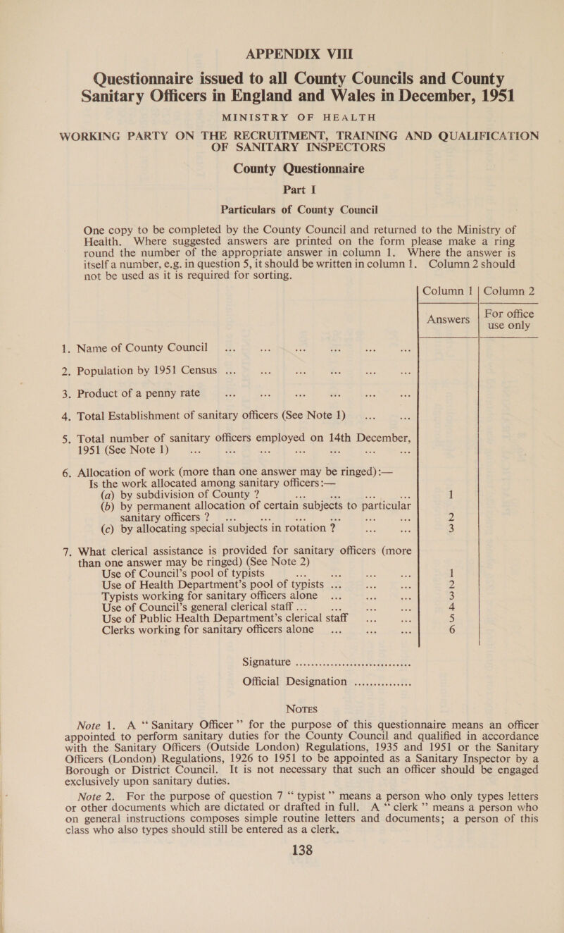 4 APPENDIX VIII Questionnaire issued to all County Councils and County Sanitary Officers in England and Wales in December, 1951 WORKING PARTY ON THE RECRUITMENT, TRAINING AND QUALIFICATION OF SANITARY INSPECTORS County Questionnaire Part I Particulars of County Council One copy to be completed by the County Council and returned to the Ministry of Health. Where suggested answers are printed on the form please make a ring round the number of the appropriate answer in column 1. Where the answer is itself a number, e.g. in question 5, it should be written in column 1. Column 2 should not be used as it is required for sorting. Column 1 | Column 2  For office use only Answers . Population by 1951 Census .. . Product of a penny rate . Total Establishment of sanitary officers (See Note 1) vA -F&amp; WwW WN . Total number of sanitary officers employed on 14th December, 1951 (See Note 1) = ne re = sap ; 6. Allocation of work (more than one answer may be ringed) :— Is the work allocated among sanitary officers :— (a) by subdivision of County ? (b) by permanent allocation of certain subjects to particular sanitary officers ? ais — (c) by allocating special subjects. in rotation 2. WN 7, What clerical assistance is provided for sanitary officers (more than one answer may be ringed) (See Note 2) Use of Council’s pool of typists : oes Use of Health Department’s pool of typists ie Typists working for sanitary officers alone Use of Council’s general clerical staff .. Use of Public Health Department’s clerical staff Clerks working for sanitary officers alone DOU BWN = SIQMALUINE » .. 540. cease bes eeeome eerie Official Designation ............... NOTES Note 1. A ‘‘ Sanitary Officer’? for the purpose of this questionnaire means an Officer appointed to perform sanitary duties for the County Council and qualified in accordance with the Sanitary Officers (Outside London) Regulations, 1935 and 1951 or the Sanitary Officers (London) Regulations, 1926 to 1951 to be appointed as a Sanitary Inspector by a Borough or District Council. It is not necessary that such an officer should be Re exclusively upon sanitary duties. Note 2. For the purpose of question 7 “‘ typist ’? means a person who only types letters or other documents which are dictated or drafted in full. A “‘ clerk ’? means a person who on general instructions composes simple routine letters and documents; a person of this class who also types should still be entered as a clerk.