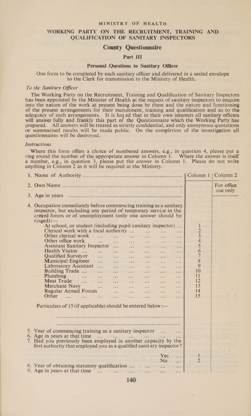WORKING PARTY ON THE RECRUITMENT, TRAINING AND QUALIFICATION OF SANITARY INSPECTORS County Questionnaire Part [Il Personal Questions to Sanitary Officer One form to be completed by each sanitary officer and delivered in a sealed envelope to the Clerk for transmission to the Ministry of Health. To the Sanitary Officer The Working Party on the Recruitment, Training and Qualification of Sanitary Inspectors has been appointed by the Minister of Health at the request of sanitary inspectors to enquire into the nature of the work at present being done by them and the nature and functioning of the present arrangements for their recruitment, training and qualification and as to the adequacy of such arrangements. It is hoped that in their own interests all sanitary officers will answer fully and frankly this part of the Questionnaire which the Working Party has prepared. All answers will be treated as strictly confidential, and only anonymous quotations or summarised results will be made public. On the completion of the investigation all questionnaires will be destroyed. Instructions Where this form offers a choice of numbered answers, e.g., in question 4, please put a ring round the number of the appropriate answer in Column 1. Where the answer is itself a number, e.g., in question 3, please put the answer in Column 1. Please do not write anything in Column 2 as it will be required at the Ministry.  L, INameCOL ANI ORREY. Eee oisi.cis spnieccs scapctce atiacloimw sens hBRRERERIIERS opie Column 1 | Column 2 Zi, Oneiae INAS os RR SO Re a aa eh} cee sk For office use only 3.. Agerinyeats Aiea. ae cee oe eee eee 4. Occupation immediately before commencing training as a sanitary inspector, but excluding any period of temporary service in the armed forces or of unemployment (only one answer should be ringed) :— At school, or student (including pupil shinies allie Clerical work with a local authority . : Other clerical work ae Other office work : Assistant Sanitary Inspector Health Visitor nas Qualified Survey or Municipal Engineer Laboratory Assistant Lee see a we eas Building Trade ... ca ees 7 wi: a ni 10 Plumbing en so ie ob: a oe 2. i Meat Trade ou +e ae ae ee ae ee I. Merchant Navy Bhs ae ae a due ais 13 Regular Armed Forces ne Sis cae a -s 14 Other —... a ae pa ah aoe oF oy 15 OWMWAIDNARWNe Particulars of 15 (if applicable) should be entered below :— COCO See OHHH EHH HH EH HEHE HSH EHH EES HEEEEHR EEE S EE OEH EEE EHS EHH THREES EEE EEE EEE COSHH SEH H EHH HHO HEHEHE EHS HEHEHE EES EHH SHH ESHE HEHEHE EHH ESHEETS ETE EEE HH EEE . Year of commencing training as a sanitary inspector . Age in years at that time . Had you previously been employed in another capacity by the first authority that employed you as a qualified sanit ary inspector? Ves t No int a SNH — 8. Year of obtaining statutory qualification .. 9. Age in years at that time pra