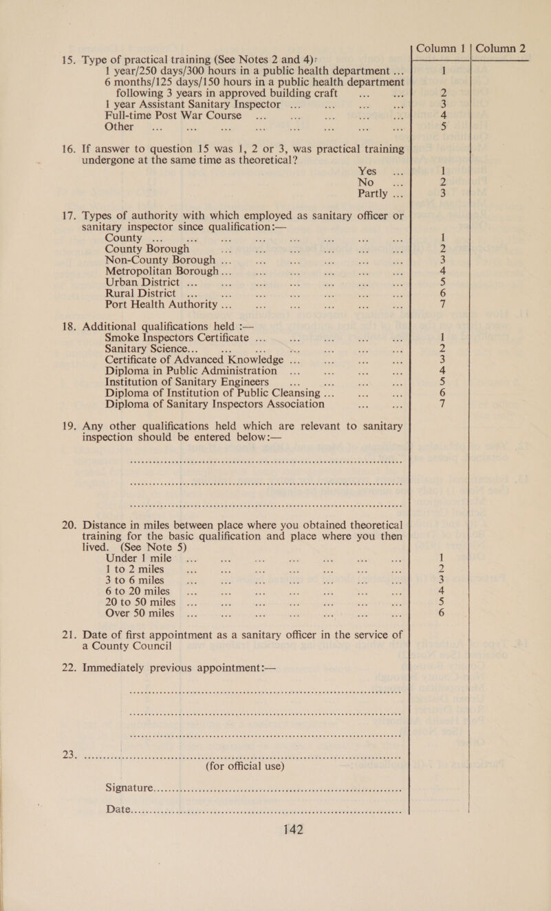  YES of practical training (See Notes 2 and 4); 1 year/250 days/300 hours in a public health department .. 6 months/125 days/150 hours in a public health department following 3 years in approved building craft ; 1 year Assistant Sanitary Inspector #1 Full-time Post War Course Other undergone at the same time as theoretical? Yes ING...” ve Partly ... Types of authority with which employed as sanitary officer or sanitary inspector since qualification :— County He me County Borough — Non-County Borough .. Metropolitan Borough .. Urban District ... Rural District... Port Health Authority .. Additional qualifications held :— Smoke Inspectors Certificate .. Sanitary Science.. Se Certificate of Advanced ‘Knowledge $4 Diploma in Public Administration Institution of Sanitary Engineers ; Diploma of Institution of Public Cleansing .. Diploma of Sanitary Inspectors Association © Any other qualifications held which are relevant to sanitary inspection should be entered below:— SPORE HEHE HHH HET E HEHEHE HEHE SEH EEE EHE THEE SESTHE HEHEHE HHS HEHEHE EERE EEE O EES COCR O eT HEHEHE EHS EHH HEHEHE HEH EEHES EET HEHE HEHEHE HEH ESET HEHEHE HED EHH EES CeO Heme mee Hee HEHEHE REE ESE HEHEHE SHEE SEHEEHEHEHEH ETH ESHER HE TEHHE SHE HEHEHE OES Distance in miles between place where you obtained theoretical training for the basic qualification and place where you then lived. (See Note 5) Under | mile 1 to 2 miles 3 to 6 miles 6 to 20 miles 20 to 50 miles Over 50 miles Date of first appointment as a sanitary officer in the service of a County Council Immediately previous appointment :— Pee eee eee moe He HSH HEE HEE EEE HEHEHE EHH ESTEE HEE EH HEHEHE HEHEHE EEE SEES EE EEO EES Seem e em eee mee eee Hee Hee eee Hee H HEE HEHEHE SEH EEE EHH SHEESH EHH EEE EEE HES EOD CCPC OHHH HEHEHE EHS EEE HEHEHE EHH SHE HEHE SEH HE EHEHE RHEE EH HEHEHE ES HOHE SESE EH EES POSSESS CHE H EHH EHH EEE EEE HE HEH ESE EE SE SESH EE HHES SEH ESEEHESE EHH ESE EHH HEHEHE HEHE HEH HEHE OEE EH EE —_ WNRe a RWN SANARWN KH ANARWNK NnhWN