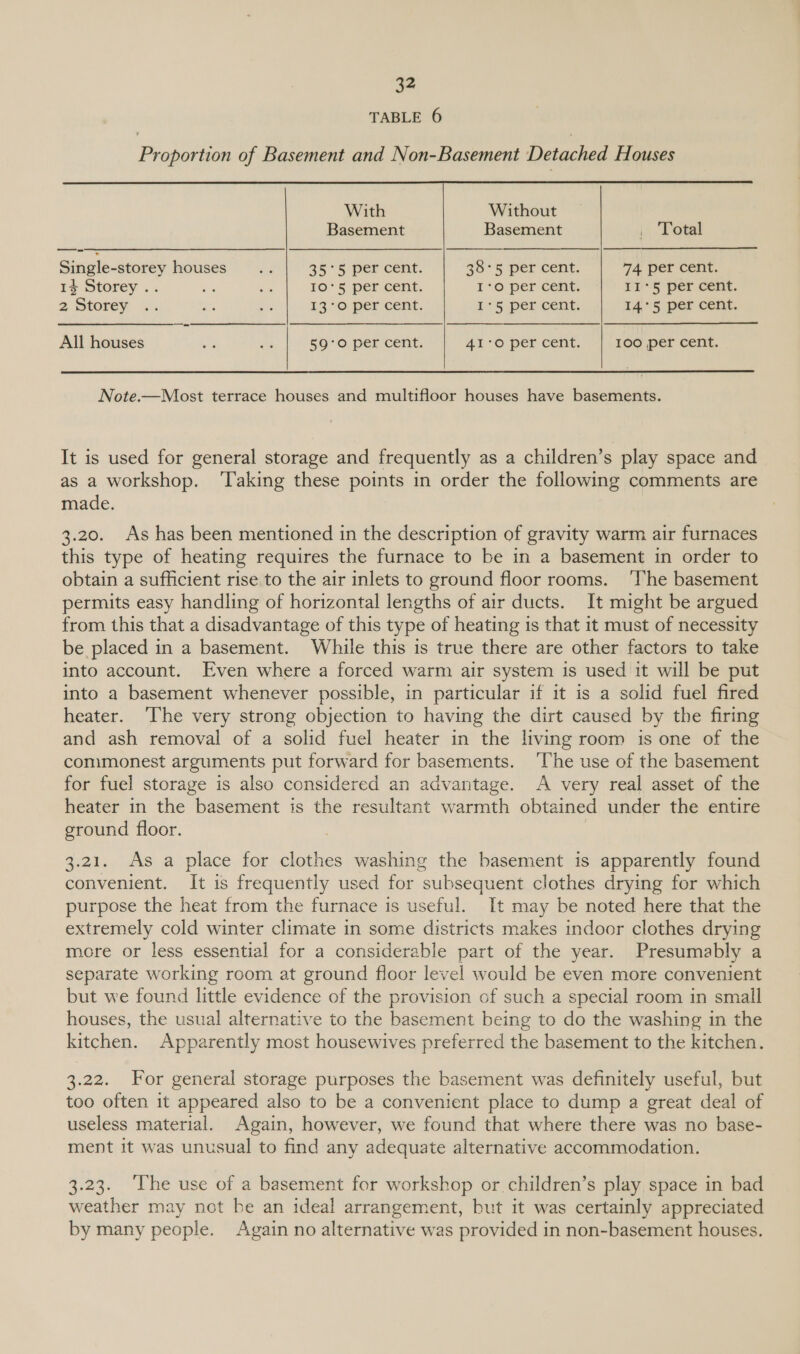 TABLE 6   With Without Basement Basement i. Total Single-storey houses os 35°5 per cent. 38°5 per cent. 74 per cent. 14 Storey .. ie ee 10° per cent. 1‘O per cent. 11°5 per cent. 2 Storey .. Pa im 130 per cent. I*5 per cent. 14\°5 per cent. All houses a a 59°0 per cent. 41-0 per cent. 100 per cent.  Note.—Most terrace houses and multifloor houses have basements. It is used for general storage and frequently as a children’s “play space and as a workshop. ‘Taking these points in order the following comments are made. 3.20. As has been mentioned in the description of gravity warm air furnaces this type of heating requires the furnace to be in a basement in order to obtain a sufficient rise to the air inlets to ground floor rooms. ‘lhe basement permits easy handling of horizontal lengths of air ducts. It might be argued from this that a disadvantage of this type of heating is that it must of necessity be placed in a basement. While this is true there are other factors to take into account. Even where a forced warm air system is used it will be put into a basement whenever possible, in particular if it is a solid fuel fired heater. The very strong objection to having the dirt caused by the firing and ash removal of a solid fuel heater in the living room is one of the commonest arguments put forward for basements. ‘The use of the basement for fuel storage is also considered an advantage. A very real asset of the heater in the basement is the resultant warmth obtained under the entire ground floor. 3.21. As a place for clothes washing the basement is apparently found convenient. It is frequently used for subsequent clothes drying for which purpose the heat from the furnace is useful. It may be noted here that the extremely cold winter climate in some districts makes indoor clothes drying more or less essential for a considerable part of the year. Presumably a separate working room at ground floor level would be even more convenient but we found little evidence of the provision of such a special room in small houses, the usual alternative to the basement being to do the washing in the kitchen. Apparently most housewives preferred the basement to the kitchen. 3.22. For general storage purposes the basement was definitely useful, but too often it appeared also to be a convenient place to dump a great deal of useless material. Again, however, we found that where there was no base- ment it was unusual to find any adequate alternative accommodation. 3.23. ‘The use of a basement for workshop or children’s play space in bad weather may not be an ideal arrangement, but it was certainly appreciated by many people. Again no alternative was provided in non-basement houses.