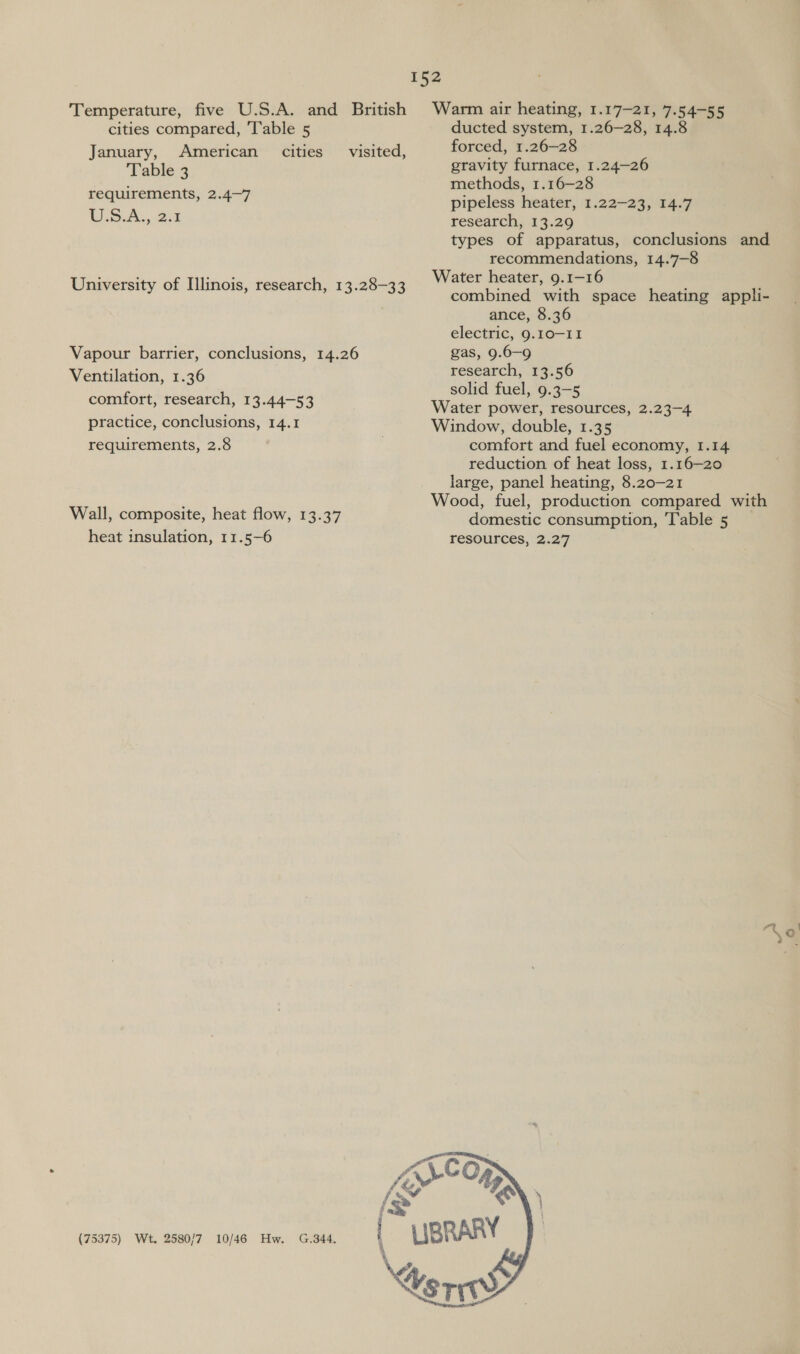 Temperature, five U.S.A. and British cities compared, Table 5 January, American cities Table 3 requirements, 2.4—7 U.SAs, 2:8 visited, University of Illinois, research, 13.28-33 Vapour barrier, conclusions, 14.26 Ventilation, 1.36 , comfort, research, 13.44—-53 practice, conclusions, 14.1 requirements, 2.8 Wall, composite, heat flow, 13.37 heat insulation, 11.5—6 (75375) Wt. 2580/7 10/46 Hw. G.344, Warm air heating, I.1'7-21, 7.54-55 ducted system, 1.26-28, 14.8 forced, 1.26—28 gravity furnace, 1.24—26 methods, 1.16-28 pipeless heater, 1.22—23, 14.7 research, 13.29 types of apparatus, conclusions and recommendations, 14.7—8 Water heater, 9.1-16 combined with space heating appli- ance, 8.36 electric, 9.10—-11 gas, 9.6-9 research, 13.56 solid fuel, 9.3—-5 Water power, resources, 2.23—4 Window, double, 1.35 comfort and fuel economy, 1.14 reduction of heat loss, 1.16—20 large, panel heating, 8.20—21 Wood, fuel, production compared with domestic consumption, Table 5 resources, 2.27 