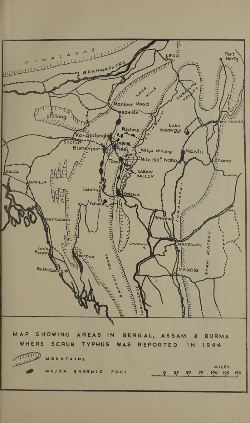 << [Kanglatonghi. Dad Se Re Bishe pur &amp; Tdi Q 5 HITTAGONG Vf R Gs \ eS Meiktila A m\ KA~ apna 2 SHAN PLATEAY  MAP SHOWING AREAS IN BENGAL, ASSAM &amp; BURMA IN 1944 WHERE SCRUB TYPHUS WAS REPORTED ae MOUNTAINS MILES : ENDEMIC FOCI ° 25 50 75 100 125 150 @ MAJOR