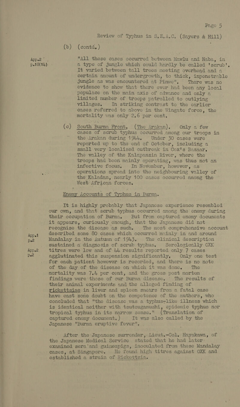 Review of Typhus in S,E.A.C. (Sayers &amp; Hill) (tb). (dontd.) | All these cases. occurred between Mawlu and Naba, in App el De2 Appe2 Pe2 It varied between tall trees meeting overhead and a certain amount of undergrowth, to thick, inpenetrable jungle as was encountered at Pinwe, There was no evidence to show that there ever had been any local populace on the main axis of advance and only a limited number of troops patrolled to outlying villages, In striking contrast to the carlier cases referred to above in the Wingate force, the mortality was only 2.6 per cent, (c) South Burma Front. (The Arakan), Only a few casés of scrub typhus occurred among our troops in the :Arakan during 194. Under 30 cases were reported up to the end of October, including a small very ‘localised outbreak in Cox's Bazaar, The valley of the Kalapangzin River, where the troops had been mainly operating, was thus not an infective focus, In November, however, as operations spread into the neighbouring valley of the’ Kaladan, nearly 100 cases occurred among the West African forces. Enemy Accounts of Typhus in Burma, It is highly probably that Japanese experience resembled our own, and that scrub typhus occurréd among the enemy during their occupation of Burma. But from captured enemy documents it appears, curiously enough, that the Japanese did not recognise the disease as such, The most comprehensive account described some 80 cases which occurred mainly in and around Mandalay in the Autumn of 1943, The clinical description sustained a diagnosis of scrub typhus, Serologically OXK titres were low and of 44 results reported only 7 cases agglutinated this suspension significantly, Only one test for each patient however is recorded, and there is no note of the day of the disease on which it was done, The mortality was 7.4 per cent, and the gross post mortem findings were those of our Burma disease, The results of their animal experiments ond the alleged finding of rickettsiae in liver and spleen smears from a fatal case have cast some doubt on the competence of the authors, who concluded that the discase was a typhus-like illness which is identical neither with tsutsugamushi, epidemic typhus nor tropical typhus in its narrow sense. (Translation of captured enemy document. ) It was also called by the Japanese Burma eruptive fever, . After the Japanese surrender, ,Licut.-Col. Hayakawa, of the Japanese Medical Service stated that he had later examined sera’and guineapigs, inoculated from these Mandalay cases, at Singapore. He found high titres against OXK and established a strain of Rickettsia.