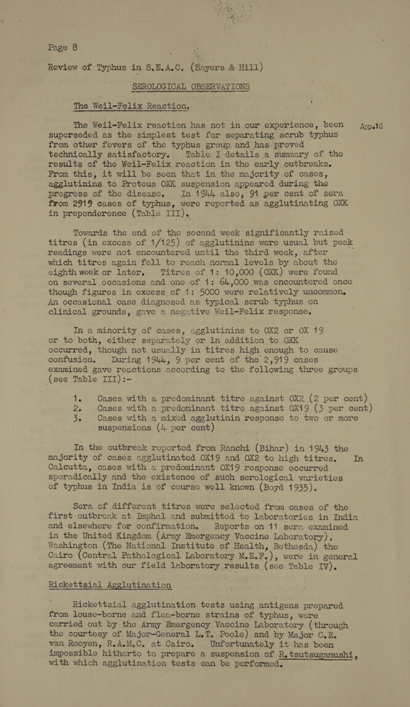 Review of Typhus in S.E,A.C, (Sayers & Hill) SEROLOGICAL OBSERVATIONS The Weil-Felix Reaction, The Weil-Felix reaction has not in our experience, been = App, 13 superseded as the simplest test for separating scrub typhus from other fevers of the typhus group. and has: proved technically satisfactory, Table I details.a summary of the results of the Weil-Felix reaction in the early. outbreaks. From this, it will be scen that in the majority of cases, agglutinins to Proteus OXK suspension appeared during the progress of the disease, In 1944 also, 91 per cent of sera from 2919 cases of typhus, were reported as agglutinating OXK in preponderence (Table III). . Towards the end of the second week significantly raised titres (in excess of 1/125) of agglutinins were usual but peok readings were not encountered until the third week, after im which titres again fell to reach normal levels by about the cighth week or later. Titres of 1: 10,000 (OXK) were found on several occasions and one of 1: 64,000 was encountered once though figures in excess of 1: 5000 were reiatively uncommon, An occasional case diagnosed as typical scrub typhus on clinical grounds, gave a negative Weil-Felix response, In a minority of cases, agglutinins to OX2 or OX 19 or to both, either separately or in addition to OXK occurred, though not usuelly in titres high enough to cause confusion, During 1944, 9 per cent of the 2,919 cases examined gave reactions according to the following three groups (see Table III):- 4, Cases with a predominant titre against OX2, (2 per cent) 2. Cases with a predominant titre against 0X19 (3 per cent) 3. Cases with a mixed agglutinin response to two or more suspensions ( per cent) In the outbreak reported from Ranchi (Bihar) in 1943 the majority of cases agglutinated OX19 and OX2 to high titres. In Calcutta, cases with a predominant 0X19 response occurred sporadically and the existence of stich serological varieties of typhus in India is of coursc well known (Boyd 1935). Sera of different titres were selected from cases of the first outbreak at Imphal and submitted to laboratories in India and elsewhere for confirmation. Reports on 11 sera examined in the United Kingdom (Army Emergency Vaccine Laboratory), Washington (The National Institute of Health, Bethesda) the Cairo (Central Pathological Laboratory M.E.F.), were in general agreement with our field laboratory results (see Table IV). Rickettsial lutination Rickettsial agglutination tests using antigens prepared from louse-borne and flea~borne strains of typhus, were carried out by the Army Emergency Vaccine Laboratory (through the courtesy of Major-General L.T. Poole) and by Major C.E. van Rooyen, R.AM.C. at Cairo. . Unfortunately it has been impossible hitherto to prepare a suspension of R, tsutsugamushi, with which agglutination tests can be performed,