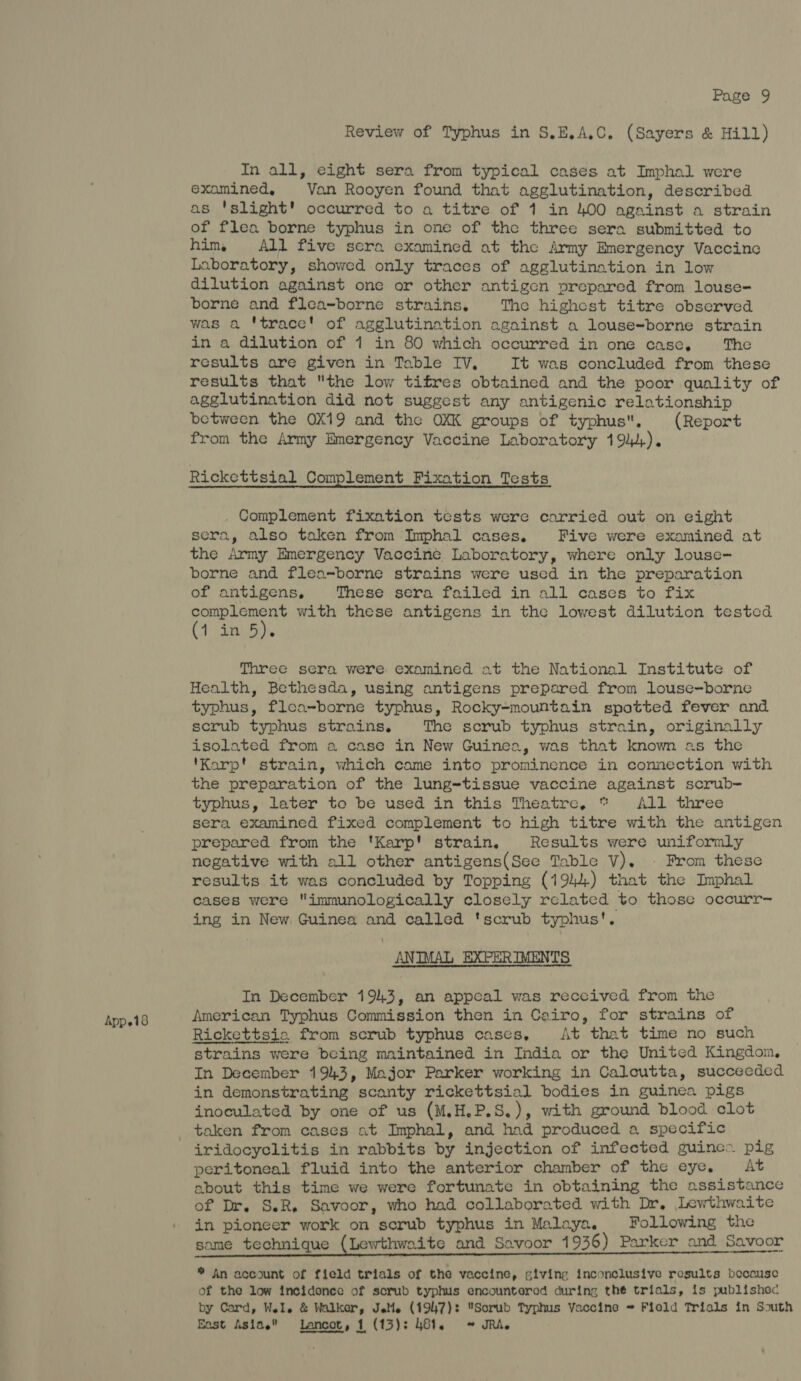 Review of Typhus in S.E.A.C. (Sayers & Hill) In all, eight sera from typical cases at Imphal were examined, Van Rooyen found that agglutination, described as 'slight' occurred to a titre of 1 in 400 ogninst a strain of flea borne typhus in one of the three sera submitted to him, All five scra cxamined at the Army Emergency Vaccine Laboratory, showed only traces of agglutination in low dilution against one or other antigen prepared from louse- borne and flea=borne strains. The highest titre observed was a ‘trace! of agglutination against a louse=borne strain in a dilution of 1 in 80 which occurred in one case, The results are given in Toble IV, It was concluded from these results that the low tifres obtained and the poor quality of agglutination did not suggest any antigenic relationship between the 0X19 and the OXK groups of typhus. (Report from the Army Emergency Vaccine Laboratory 194). Rickettsial Complement Fixation Tests . Complement fixation tests were carried out on eight sera, also taken from Imphal cases. Five were examined at the Army Emergency Vaccine Laboratory, where only louse- borne and flea~borne strains were used in the preparation of antigens, These sera failed in all cases to fix Sie Ne with these antigens in the lowest dilution tested 1 ari) Three sera were examined at the National Institute of Health, Bethesda, using antigens prepared from louse-borne typhus, flea-borne typhus, Rocky-mountain spotted fever and scrub typhus strains. The scrub typhus strain, originally isolated from a case in New Guinea, was that known as the ‘Karp! strain, which came into prominence in connection with the preparation of the lung=-tissue vaccine against scrub- typhus, later to be used in this Theatre, * All three sera examined fixed complement to high titre with the antigen prepared from the 'Karp' strain, Results were uniformly negative with all other antigens(See Table V). - From these results it was concluded by Topping (19/J.) that the Imphal cases were immunologically closely related to those occurr- ing in New Guinea and called ‘scrub typhus'. ANIMAL EXPERIMENTS. In December 1943, an appeal was received from the American Typhus Commission then in Cairo, for strains of Rickettsie from scrub typhus cases, At that time no such strains were being maintained in India or the United Kingdom. In December 1943, Major Parker working in Caloutta, succeeded in demonstrating scanty rickettsial bodies in guinea pigs inoculated by one of us (M.H.P.S.), with ground blood clot taken from cases at Imphal, and had produced a specific iridocyclitis in rabbits by injection of infected guines pig peritoneal fluid into the anterior chamber of the eye, At about this time we were fortunate in obtaining the assistance of Dr. S.R, Savoor, who had collaborated with Dr, Lewthwaite in pioneer work on scrub typhus in Malaya. Following the same technique (Lewthwaite and Savoor 1936) Parker and Savoor * An account of field trials of the vaccine, giving inconclusive results because of the low incidence of scrub typhus encounterod during the trials, is publishec by Card, Wel. & Walker, JeMe (1947): Sorub Typhus Vaccine ~ Field Trials in South East Asia. Lancet, 1 (13): 481. ~ JRA.