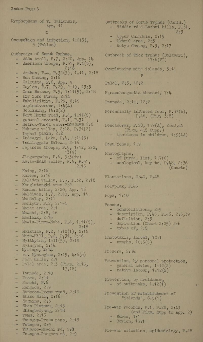 App. 11 0 3 (Tables) Addu Atoll, P./7, 2:20, App. 4h American troops, P.31, Pred), 231 Arakan, Pe, Pe32(3), 1014, 2:18 Bon Chaung, 2346 Calcutta, P.6,. App. 9 Ceylon, oa P.29, eg, 19e3 Coxs Bazaar, P.5, 1; 11(5), 2:18 Dry Zone Burma, 2:14 Embilipitiya, P29, 2:19 explosiveness, declining, 14:2(2) Fort Hertz road, Pe4, 1:11(5) general account, P.1, P.31 | Heirok-Turel wateremeadows 2:2 Hukawng valley, 2:18, P.31(2) Imphal plain, 2:2 Indawgyi, Lake, Pe4, 1:11(5) Indainggale ~Kalewa » 2:16 Japanese troops, P.5, 1:12, 2:2, 13(9) Jingergacha, P.6, 9:3(iv) Kabaw~Kale valley, P.4, P.31, 2:16 Kaing, 2:16 Kalewa, 2:16 Raladen valley, P.5, Fsleg es 10 Kanglatongbi area 2:2 Kumaon hills, 2:20, App. 16 Mayes Pe /eeeo, Apps. Mandalay, 2:11 Manipur, P.2, 2:1-4 Maram area, 2:1 Mawchi, 2:8, 16 Mewlaik, 2:15 Mewlu-Pinwe-No ba, P. Ay 1: SRE ae Meiktila, Po2y.1242t1) 02: i Mite-Hill, i. 2, Petia 2216 Myitkyina, 1: :14(5), 2 218 Myingyan, 2:14 Myitnge, 2:14 pr, Nyaungbaw, Hills, 231 Pale Lt arcana <5 2245 , t26(c) We AMA 3 Faoungde, 2:10 Prom) 2514 Ranchi, P.6 Rangoon, 2:9 Rangoon-Prome road, 2:10 ine) Rhino Hill, 2:16 vagaing, 2¢ H Shan Plateau, pid ae Shingbwiyang, 2:18 Tamu, 2:16 Taungup~Frome pass, 2:18 Toungoo, 2:9 Toungoo-Mawchi rd, 2:8 Toungoo~Rangoon rd, 2:9 Outbreaks of Scrub Typhus (Contd. ) - Tiddim rd & Lushai hills, P.31, 2:3 - Upper Chindwin, 2:15 - ‘Ukhrul area, 2:3 - Wetyu Chaung, P.3, 2:17 Outbreak of Tick typhus (Delawari), 17:6(VI) Overlapping mite islands, 3:14 és Palely (285 yore Paraschongastia thomasi, 7:4 Paungde, 2:10, 12:2 Perennially infested foci, P.37(b), P.46, (Fig. 3:8) Pescadores, P.28, 1:9(A), 2:40, tide (Figs. es 5 Supp.) - incidence in children, 1:9(4A) Pegu Yomas, 1:9 Photographs, - of Burma, list, 1:7(6) - ecological, key to, P.48, 2:36 (Charts ) Plantations, 2:40, P.48 Polyplax, P.45 Popa, 1:10 Ponzos, - constellations, 2:5 - description, P.45, P46, 223 2 = definition, 235 - derivation (Chart 2:25) 2:6 - types of, 2:5 Phototaxis, larval, 10:1 - nymphs, 10:3(5) PrOBSLe te 5e Prevention, by personal protection, - general advice, 1:12(2) - native labour, Ae :12(2) Prevention, by avoidance , - of outbreaks, 1; :12(4) Prevention of establishment of naslands , 6:5(1) Pre-war records, et ey 28, 224.3 (and’ Figs. ‘Supp | to App. 2) - Burma, 1:1 - Coylen, 4351 Pre-war situation, epidemiology, P,28