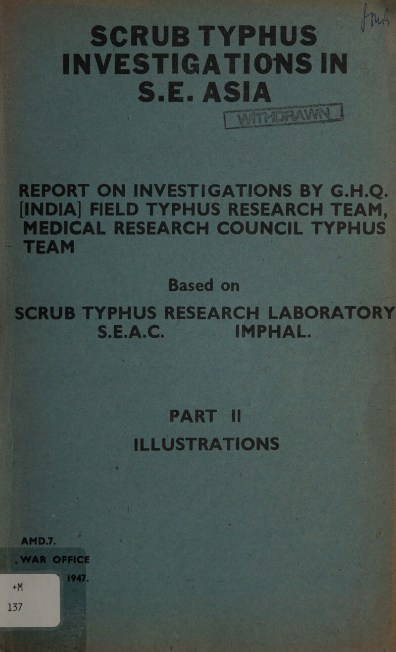      _ SCRUB TYPHUS INVESTIGATIONS IN SE. ASIA    7 aca wwe eae 4 < b eS Pay ae 4 \ : See epee ¥ 2 tiny Sata aes ‘ a UY ae eeeeiTE 1 onthe REPORT ON INVESTIGATIONS BY G.H.Q. _ [INDIA FIELD TYPHUS RESEARCH TEAM, _ MEDICAL RESEARCH COUNCIL TYPHUS ~ TEAM Based on _S. E.A.C. IMPHAL. PART I ILLUSTRATIONS 