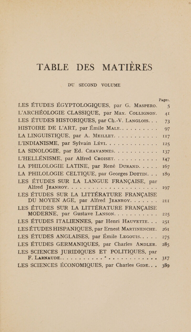 TABLE DES MATIÈRES DU SECOND VOLUME Pages. LES ÉTUDES ÉGYPTOLOGIQUES, par G. MASPERO. 5 L’ARCHÉOLOGIE CLASSIQUE, par Max. COLLIGNON. 41 LES ÉTUDES HISTORIQUES, par Ch.-V. LANGLOIS.. . 73 EUSTOIRE DE L'ART, par Émile MALE... : 2. 97 ESA LENGUISTIQUE, par À. Mpibret. . on 2e 157 P'INDIANISME, par Syivain LEVI. , 5: LU pra 125 EN SINOLOGIR, ‘par Ed. CHAVANNES. , .. 0... 1. 137 L'HÉLLÉNISME, par Afred CRoIsBr. . . : .. . , 147 LA PHILOLOGIE LATINE, par René DURAND. . . . . 167 LA PHILOLOGIE CELTIQUE, par Georges DOTTIN. . . 189 LES ÉTUDES SUR LA LANGUE FRANÇAISE, par A A à NO RC GO D OP SC TT D 197 LES ÉTUDES SUR LA LITTÉRATURE FRANÇAISE DU MOYEN AGE, par Alfred JEANROY. . . . . .. 211 LES ÉTUDES SUR LA LITTÉRATURE FRANÇAISE MODERNE, par Gustave LANSON. . ......... 225 LES ÉTUDES ITALIENNES, par Henri HAUVETTE. . . 251 LES ÉTUDES HISPANIQUES, par Ernest MARTINENCHE. 261 LES ÉTUDES ANGLAISES, par Émile LEGOUIS.. . . . 275 LES ÉTUDES GERMANIQUES, par Charles ANDLER. 285 LES SCIENCES JURIDIQUES . an par PF. LARNAUDE... - : 0 5 us A 0 0 ATEN RE 7 LES SCIENCES ÉCONOMIQUES, par Charles GIDE.. . 389