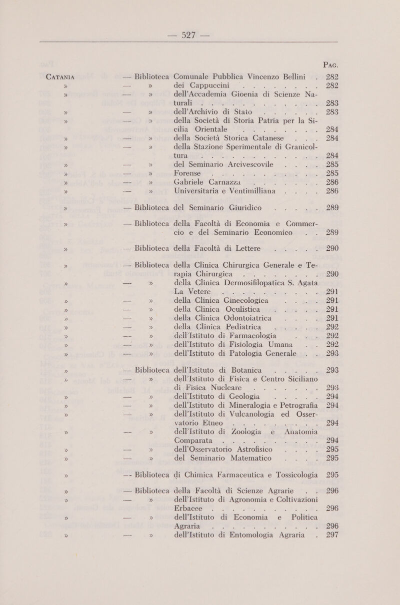 CATANIA » » » » » » » » -— Biblioteca Ss. » — Biblioteca -— Biblioteca —- Biblioteca — Biblioteca — » —- Biblioteca —. Biblioteca De » Comunale Pubblica Vincenzo Bellini dei Cappuccini } dell’Accademia Gioenia i shHende ac brado e dell’Archivio % “Stato: della Società di Storia Patria per i Si- cilia Orientale * della Società Storica Cataabte della Stazione Sperimentale di ianicali tura : del soiiliario sale Forense Gabriele Calza Universitaria e Venbinilliana del Seminario Giuridico della Facoltà di Economia e Commer- cio e del Seminario Economico della Facoltà di Lettere della Clinica Chirurgica Generale e Te- rapia Chirurgica della Clinica Dermoslilouiiba S. nia La Vetere SE della Clinica Gucole 0 della Clinica Oculistica della Clinica Odontoiatrica della Clinica Pediatrica dell’Istituto di Farmacologia dell’Istituto di Fisiologia Umana dell’Istituto di Patologia Generale dell’Istituto di Botanica dell’Istituto di Fisica e Centro Siciliano di Fisica Nucleare dell’Istituto di Geologia 3 dell’Istituto di Mineralogia e Peluogralii dell’Istituto di Vulcanologia ed Osser- VALOrionE (Meo #i li. bi .sbpéi . dell’Istituto di Zoologia e Anatomia Comparata dell’Osservatorio Aug del Seminario Matematico di Chimica Farmaceutica e Tossicologia della Facoltà di Scienze Agrarie dell’Istituto di Agronomia e Coltivazioni Erbacee Ra GA RO + dell’Istituto di Poaliomia e Politica Agraria dell’Istituto di Titania Aasrania Pac. 282 282 283 283 284 284 284 285 285 286 286 289 289 290 290 291 291 291 291 292 292 292 293 293 293 294 294 294 296 296 297