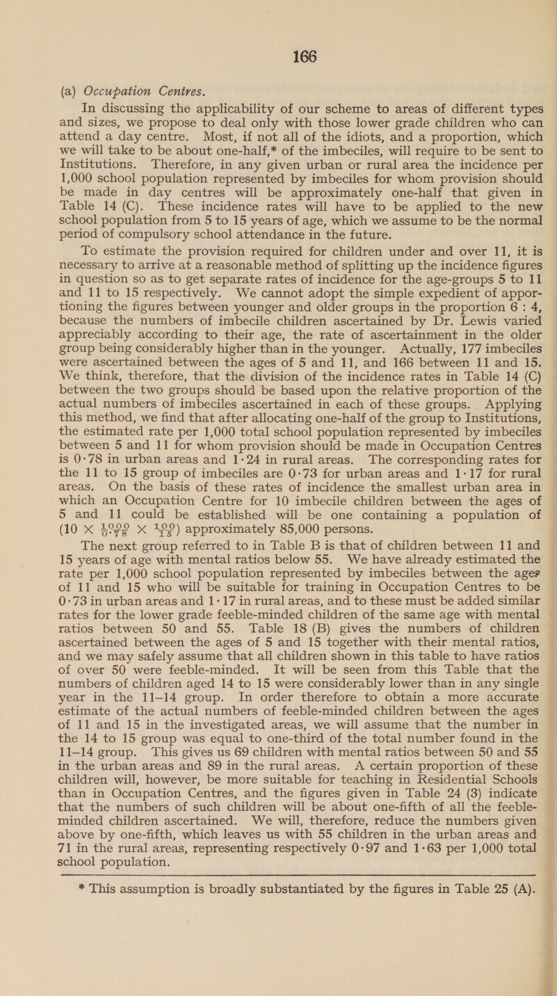 (a) Occupation Centres. In discussing the applicability of our scheme to areas of different types and sizes, we propose to deal only with those lower grade children who can attend a day centre. Most, if not all of the idiots, and a proportion, which we will take to be about one-half,* of the imbeciles, will require to be sent to Institutions. Therefore, in any given urban or rural area the incidence per 1,000 school population represented by imbeciles for whom provision should be made in day centres will be approximately one-half that given in Table 14 (C). These incidence rates will have to be applied to the new school population from 5 to 15 years of age, which we assume to be the normal period of compulsory school attendance in the future. To estimate the provision required for children under and over 11, it is necessary to arrive at a reasonable method of splitting up the incidence figures in question so as to get separate rates of incidence for the age-groups 5 to 11 and 11 to 15 respectively. We cannot adopt the simple expedient of appor- tioning the figures between younger and older groups in the proportion 6: 4, because the numbers of imbecile children ascertained by Dr. Lewis varied appreciably according to their age, the rate of ascertainment in the older group being considerably higher than in the younger. Actually, 177 imbeciles were ascertained between the ages of 5 and 11, and 166 between 11 and 15. We think, therefore, that the division of the incidence rates in Table 14 (C) between the two groups should be based upon the relative proportion of the actual numbers of imbeciles ascertained in each of these groups. Applying this method, we find that after allocating one-half of the group to Institutions, the estimated rate per 1,000 total school population represented by imbeciles between 5 and 11 for whom provision should be made in Occupation Centres is 0-78 in urban areas and 1:24 in rural areas. The corresponding rates for the 11 to 15 group of imbeciles are 0-73 for urban areas and 1-17 for rural areas. On the basis of these rates of incidence the smallest urban area in which an Occupation Centre for 10 imbecile children between the ages of 5 and 11 could be established will be one containing a population of (10 x $922 x 40°) approximately 85,000 persons. The next group referred to in Table B is that of children between 11 and 15 years of age with mental ratios below 55. We have already estimated the rate per 1,000 school population represented by imbeciles between the ages of 11 and 15 who will be suitable for training in Occupation Centres to be 0:73 in urban areas and 1-17 in rural areas, and to these must be added similar rates for the lower grade feeble-minded children of the same age with mental ascertained between the ages of 5 and 15 together with their mental ratios, and we may safely assume that all children shown in this table to have ratios of over 50 were feeble-minded. It will be seen from this Table that the year in the 11-14 group. In order therefore to obtain a more accurate estimate of the actual numbers of feeble-minded children between the ages of 11 and 15 in the investigated areas, we will assume that the number in the 14 to 15 group was equal to one-third of the total number found in the 11-14 group. This gives us 69 children with mental ratios between 50 and 55 in the urban areas and 89 in the rural areas. A certain proportion of these children will, however, be more suitable for teaching in Residential Schools than in Occupation Centres, and the figures given in Table 24 (3) indicate that the numbers of such children will be about one-fifth of all the feeble- minded children ascertained. We will, therefore, reduce the numbers given above by one-fifth, which leaves us with 55 children in the urban areas and 71 in the rural areas, representing respectively 0-97 and 1-63 per 1,000 total school population. * This assumption is broadly substantiated by the figures in Table 25 (A).