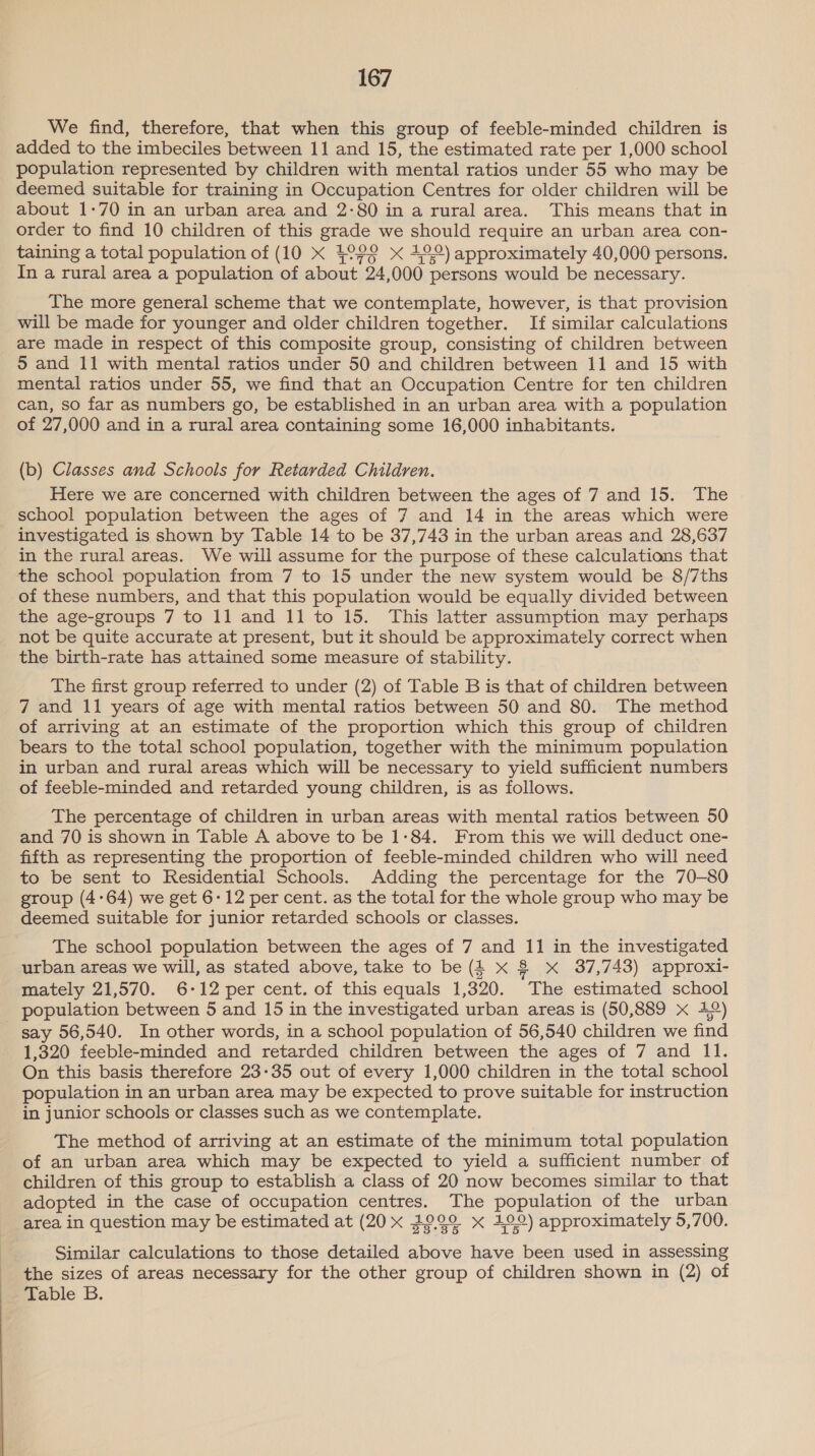 We find, therefore, that when this group of feeble-minded children is added to the imbeciles between 11 and 15, the estimated rate per 1,000 school population represented by children with mental ratios under 55 who may be deemed suitable for training in Occupation Centres for older children will be about 1-70 in an urban area and 2-80 in a rural area. This means that in order to find 10 children of this grade we should require an urban area con- taining a total population of (10 X 4°22 x 42.2) approximately 40,000 persons. In a rural area a population of about 24,000 persons would be necessary. The more general scheme that we contemplate, however, is that provision will be made for younger and older children together. If similar calculations are made in respect of this composite group, consisting of children between 5 and 11 with mental ratios under 50 and children between 11 and 15 with mental ratios under 55, we find that an Occupation Centre for ten children can, so far as numbers go, be established in an urban area with a population of 27,000 and in a rural area containing some 16,000 inhabitants. (b) Classes and Schools for Retarded Children. Here we are concerned with children between the ages of 7 and 15. The school population between the ages of 7 and 14 in the areas which were investigated is shown by Table 14 to be 37,743 in the urban areas and 28,637 in the rural areas. We will assume for the purpose of these calculations that the school population from 7 to 15 under the new system would be 8/7ths of these numbers, and that this population would be equally divided between the age-groups 7 to ll and 11 to 15. This latter assumption may perhaps not be quite accurate at present, but it should be approximately correct when the birth-rate has attained some measure of stability. The first group referred to under (2) of Table B is that of children between 7 and 11 years of age with mental ratios between 50 and 80. The method of arriving at an estimate of the proportion which this group of children bears to the total school population, together with the minimum population in urban and rural areas which will be necessary to yield sufficient numbers of feeble-minded and retarded young children, is as follows. The percentage of children in urban areas with mental ratios between 50 and 70 is shown in Table A above to be 1-84. From this we will deduct one- fifth as representing the proportion of feeble-minded children who will need to be sent to Residential Schools. Adding the percentage for the 70-80 group (4°64) we get 6-12 per cent. as the total for the whole group who may be deemed suitable for junior retarded schools or classes. The school population between the ages of 7 and 11 in the investigated urban areas we will, as stated above, take to be (L X 8 X 37,743) approxi- mately 21,570. 6-12 per cent. of this equals 1,320. The estimated school population between 5 and 15 in the investigated urban areas is (50,889 x 42) say 56,540. In other words, in a school population of 56,540 children we find 1,320 feeble-minded and retarded children between the ages of 7 and 11. On this basis therefore 23-35 out of every 1,000 children in the total school population in an urban area may be expected to prove suitable for instruction in junior schools or classes such as we contemplate. The method of arriving at an estimate of the minimum total population of an urban area which may be expected to yield a sufficient number of children of this group to establish a class of 20 now becomes similar to that adopted in the case of occupation centres. The population of the urban area in question may be estimated at (20 x 329° x 10°) approximately 5,700. Similar calculations to those detailed above have been used in assessing the sizes of areas necessary for the other group of children shown in (2) of Table B.