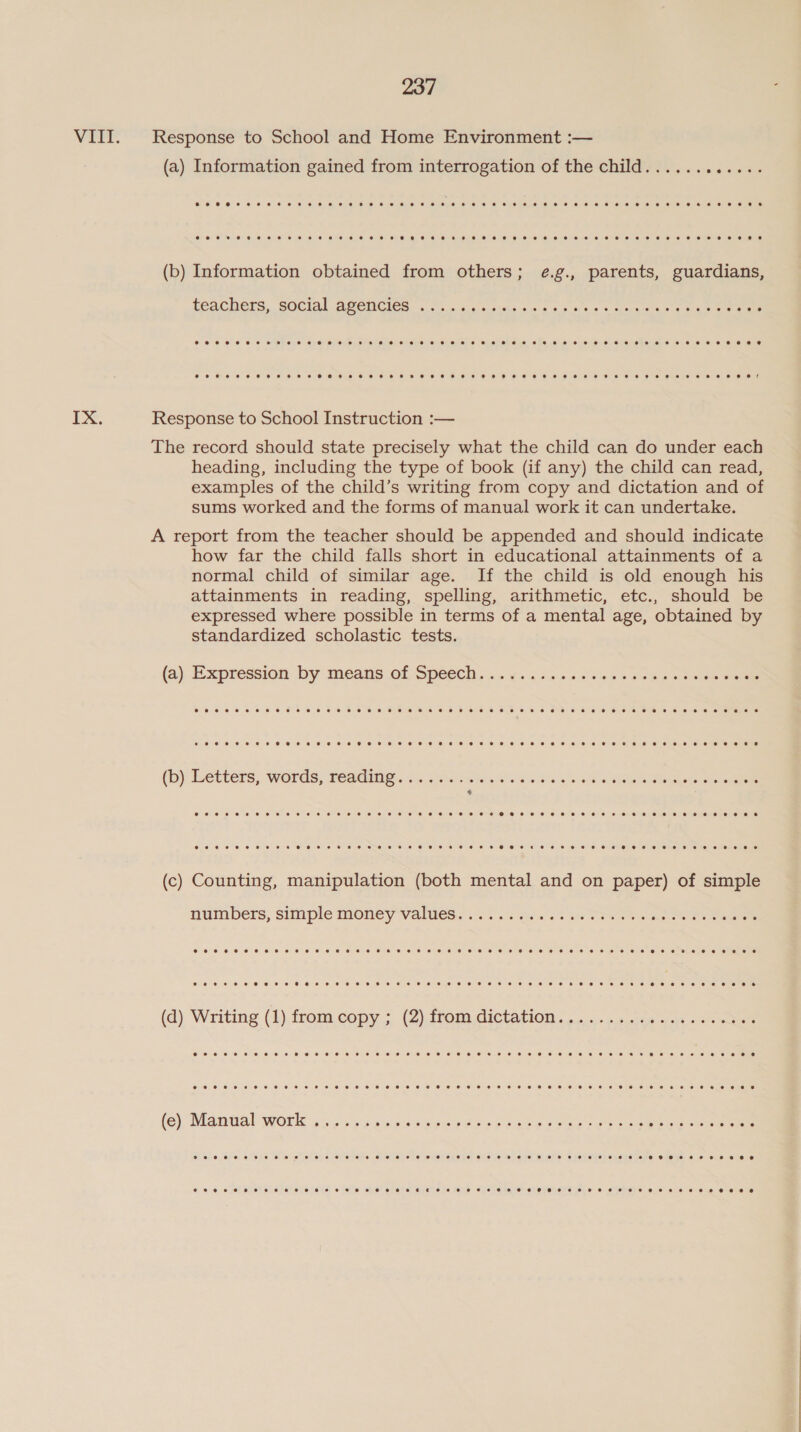 VIII. Response to School and Home Environment :— (a) Information gained from interrogation of the child....... pope (b) Information obtained from others; ¢.g., parents, guardians, FEACHEES, SOCIAL BECUCICS 4S. c4 cc ou geo ss «gai + erate ceoeeeveveevrsr eevee eeere se seeevree eer ee eres eer eeeeeereereeeeeeree eevee e @ IX. Response to School Instruction :— The record should state precisely what the child can do under each heading, including the type of book (if any) the child can read, examples of the child’s writing from copy and dictation and of sums worked and the forms of manual work it can undertake. A report from the teacher should be appended and should indicate how far the child falls short in educational attainments of a normal child of similar age. If the child is old enough his attainments in reading, spelling, arithmetic, etc., should be expressed where possible in terms of a mental age, obtained by standardized scholastic tests. (a), Excpression by means.of Speech..s. 0. .2.2s200ese0hu ve oe eee (b) Letters, words; readme. 3. 25 ini ev sos go ee bee See (c) Counting, manipulation (both mental and on paper) of simple numbers, Simple money values. 0. sc avs bs sa ee oe ee eoeeoevevoeeeveeevrevreeeeeeeeeeeeeseeeeeeereeeeeee tt eerevevreeeereeeeeeveeve oeoeweoeeere eee ere eevee e*e eee eceee eee ere ere eer er ere ere eer ee severe eeree