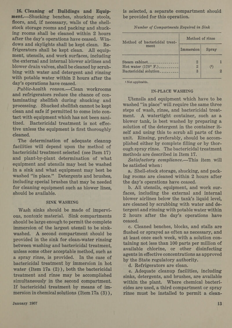 16. Cleaning of Buildings and Equip- ment.—Shucking benches, shucking stools, floors, and, if necessary, walls of the shell- stock storage rooms and packing and shuck- ing rooms shall be cleaned within 2 hours after the day’s operations have ceased. Win- dows and skylights shall be kept clean. Re- frigerators shall be kept clean. All equip- ment, utensils, and work surfaces, including the external and internal blower airlines and blower drain valves, shall be cleaned by scrub- bing with water and detergent and rinsing with potable water within 2 hours after the day’s operations have ceased. Public-health reason.—Clean workrooms and refrigerators reduce the chance of con- taminating shellfish during shucking and processing. Shucked shellfish cannot be kept clean and safe if permitted to come into con- tact with equipment which has not been sani- tized. Bactericidal treatment is not effec- tive unless the equipment is first thoroughly cleaned. The determination of adequate cleanup facilities will depend upon the method of bactericidal treatment selected (see Item 17) and plant-by-plant determination of what equipment and utensils may best be washed in a sink and what equipment may best be washed “in place.” Detergents and brushes, including special brushes that may be needed for cleaning equipment such as blower lines, should be available. SINK WASHING Wash sinks should be made of impervi- ous, nontoxic material. Sink compartments should be large enough to permit the complete immersion of the largest utensil to be sink- washed. A second compartment should be provided in the sink for clean-water rinsing between washing and bactericidal treatment, unless some other acceptable method, such as a spray rinse, is provided. In the case of bactericidal treatment by immersion in hot water (Item 17a (2)), both the bactericidal treatment and rinse may be accomplished simultaneously in the second compartment. If bactericidal treatment by means of im- mersion in chemical solutions (Item 17a (3) ), is selected, a separate compartment should be provided for this operation. Number of Compartments Required in Sink Method of rinse Method of bactericidal treat- |__ ment Immersion| Spray Steam cabinets Yo fa 2 1 Hot water (170° F.)_______--- 2 (3) Bactericidal solution________- 3 2 1 Not applicable. IN-PLACE WASHING Utensils and equipment which have to be washed “in place” will require the same three steps of wash, rinse, and bactericidal treat- ment. A watertight container, such as a blower tank, is best washed by preparing a solution of the detergent in the container it- self and using this to scrub all parts of the unit. Rinsing, preferably, should be accom- plished either by complete filling or by thor- ough spray rinse. The bactericidal treatment methods are described in Item 17. Satisfactory compliance.—This item will be satisfied when: a. Shell-stock storage, shucking, and pack- ing rooms are cleaned within 2 hours after the day’s operations have ceased. b. All utensils, equipment, and work sur- faces, including the external and internal blower airlines below the tank’s liquid level, are cleaned by scrubbing with water and de- tergent and rinsing with potable water within 2 hours after the day’s operations have ceased. c. Cleaned benches, blocks, and stalls are flushed or sprayed as often as necessary, and at least once each week, with a solution con- taining not less than 100 parts per million of available chlorine, or other disinfecting agents in effective concentrations as approved by the State regulatory authority. d. Refrigerators are clean. e. Adequate cleanup facilities, including sinks, detergents, and brushes, are available within the plant. Where chemical bacteri- cides are used, a third compartment or spray rinse must be installed to permit a clean-