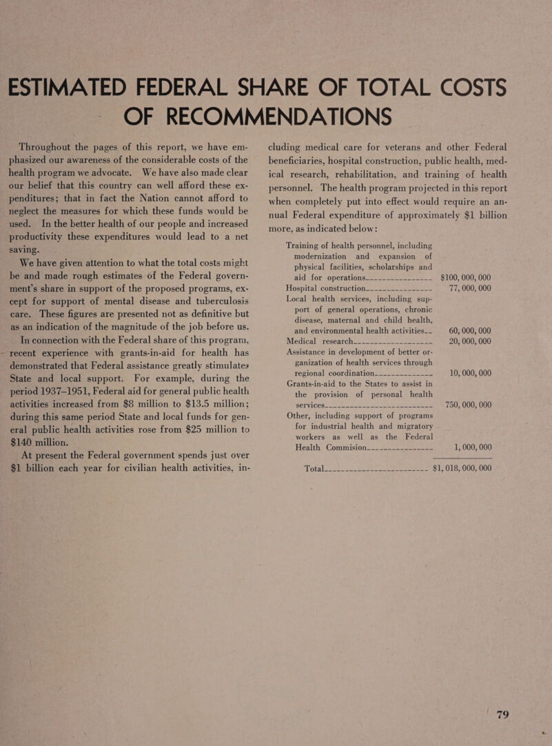 Throughout the pages of this report, we have em- phasized our awareness of the considerable costs of the health program we advocate. We have also made clear our belief that this country can well afford these ex- penditures; that in fact the Nation cannot afford to neglect the measures for which these funds would be used. In the better health of our people and increased productivity these expenditures would lead to a net saving. We have given attention to what the total costs might be and made rough estimates of the Federal govern- ment’s share in support of the proposed programs, ex- cept for support of mental disease and tuberculosis care. These figures are presented not as definitive but as an indication of the magnitude of the job before us. In connection with the Federal share of this program, recent experience with grants-in-aid for health has demonstrated that Federal assistance greatly stimulates State and local support. For example, during the period 1937-1951, Federal aid for general public health activities increased from $8 million to $13.5 million; during this same period State and local funds for gen- eral public health activities rose from $25 million to $140 million. At present the Federal government spends just over $1 billion each year for civilian health activities, in- cluding medical care for veterans and other Federal beneficiaries, hospital construction, public health, med- ical research, rehabilitation, and training of health personnel. The health program projected in this report when completely put into effect would require an an- nual Federal expenditure of approximately $1 billion more, as indicated below: Training of health personnel, including modernization and expansion of physical facilities, scholarships and aid stor woperationS 22s ua eee. ae $100, 000, 000 Hospitalécoustruciion= == === == =ees 77, 000, 000 Local health services, including sup- port of general operations, chronic disease, maternal and child health, and environmental health activities__ Medical sresearcha-=-=- ane, Assistance in development of better or- ganization of health services through regional coordination______________ Grants-in-aid to the States to assist in the provision of personal health SETVICES 22. ww eee ee Other, including support of programs for industrial health and migratory workers as well as the Federal Health Commision== 2222—— ses 60, 000, 000 20, 000, 000 10, 000, 000 750, 000, 000 1, 000, 000 Totelc 42. See eee $1, 018, 000, 000 ag