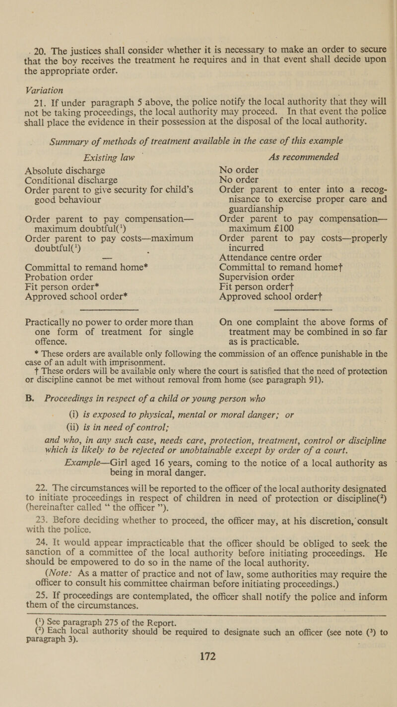 the appropriate order. Variation Existing law © Absolute discharge Conditional discharge Order parent to give security for child’s good behaviour Order parent to pay compensation— maximum doubtful(’) Order parent to pay costs—maximum doubtful(’) Committal to remand home* Probation order Fit person order* Approved school order* Practically no power to order more than one form of treatment for single offence. As recommended No order No order Order parent to enter into a recog- nisance to exercise proper care and guardianship Order parent to pay compensation— maximum £100 a: Order parent to pay costs—properly incurred Attendance centre order Committal to remand homef Supervision order Fit person orderf Approved school ordert On one complaint the above forms of treatment may be combined in so far as is practicable. . case of an adult with imprisonment. (ii) is in need of control; (hereinafter called “‘ the officer ’’). with the police. them of the circumstances.  (?) See paragraph 275 of the Report.