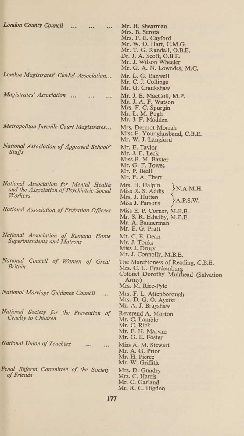 London County Council London Magistrates’ Clerks’ Association... Magistrates’ Association ... Metropolitan Juvenile Court Magistrates... National Association of Approved Schools’ Staffs National Association for Mental Health and the Association of Psychiatric Social _ Workers National Association of Probation Officers National Association of Remand Home Superintendents and Matrons National Council of Women of Great Britain . National Marriage Guidance Council National Society for the Prevention of Cruelty to Children National Union of Teachers Penal Reform Committee of the Society of Friends Mr. H. Shearman Mrs. B. Serota Mrs. F. E. Cayford Mr. W. O. Hart, C.M.G. Mr. T. G. Randall, O.B.E. Dr. J. A. Scott, O.B.E. Mr. J. Wilson Wheeler Mr. G. A. N. Lowndes, M.C. Mr. L: G. Banwell Mr. C. J. Collinge Mr. G. Crankshaw Mr. J. E. MacColl, M.P. Mr. J. A. F. Watson Mrs. F. C. Spurgin Mr. L. M. Pugh Mr. J. F. Madden Mrs. Dermot Morrah Miss E. Younghusband, C.B.E. Mr. W. J. Langford Mr. E. Taylor Mr. J. E. Leck Miss B. M. Baxter Mr. G. F. Towes Mr. P. Beall Mr. F. A. Ebert Mrs. H. Halpin Miss R. S. Addis N.A.M.H. Mrs. J. Hutten APS.W. Miss J. Parsons Miss E. P. Corner, M.B.E. Mr. S. R. Eshelby, M.B.E. Mr. A. Bannerman Mr. E. G. Pratt Mr. C. E. Dean Mr. J. Tonks Miss J. Drury Mr. J. Connolly, M.B.E. The Marchioness of Reading, C.B.E. Mrs. C. U. Frankenburg Colonel Dorothy Muirhead (Salvation Arm : y Mrs. M. Rice-Pyle Mrs. Fick. Attenborough Mrs. D. G. O. Ayerst Mr. A. J. Brayshaw Reverend A. Morton Mr. C. Lamble Mr. C. Rick Mr. E. H. Maryan Mr. G. E. Foster Miss A. M. Stewart Mr. A. G. Prior Mr. H. Pierce Mr. W. Griffith Mrs. D. Gundry Mrs. C. Harris Mr. C. Garland — Mr. R. C. Higdon