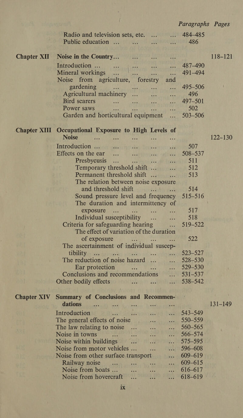 Chapter XIII Chapter XIV Radio and television sets, etc. Public education ... Introduction ... Mineral workings Noise from agriculture, gardening Agricultural machinery Bird scarers Power saws Garden and horticultural equipment forestry and Occupational ea to BU Rc Levels of Noise : “t Lie Introduction ... Effects on the ear Presbycusis. ... Temporary threshold shift . Permanent threshold shift ... The relation between noise exposure and threshold shift Sound pressure level and frequency The duration and intermittency of exposure... Individual susceptibility Criteria for safeguarding hearing . The effect of variation of the duration of exposure ay The ascertainment of individual suscep- tibility The reduction of n noise hazard Ear protection Conclusions and recommendations Other bodily effects Summary of Conclusions and Recommen- dations Introduction : , The general effects of 1 noise The law relating to noise Noise in towns Me Noise within buildings Noise from motor vehicles ... Noise from other surface transport Railway noise ee { Noise from boats ... Noise from hovercraft 1X 484-485 486 487-490 491-494 495-506 496 497-501 502 503-506 507 508-537 oid S12. 513 514 515-516 517 518 519-522 522 523-527 528-530 529-530 531-537 538-542 543-549 550-559 560-565 566-574 575-595 596-608 609-619 609-615 616-617 618-619 122-130 131-149