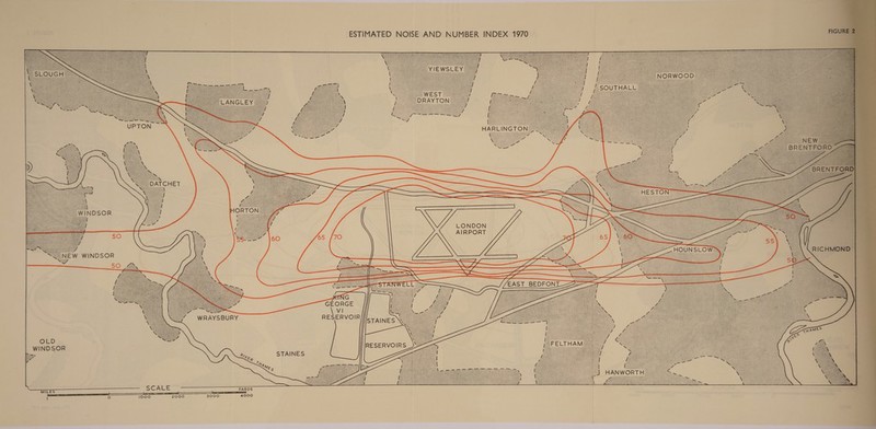         ESTIMATED NOISE AND NUMBER INDEX 1970 SOUTHALL HARLINGTO   LONDON AIRPORT EAST BEDFON GEORGE Vi WRAYSBURY RESERVOIR       OLD WINOSOR  STAINES     ee, HANWORTH SCALE YARDS ° 1000 2000 3000 4000 MILES j