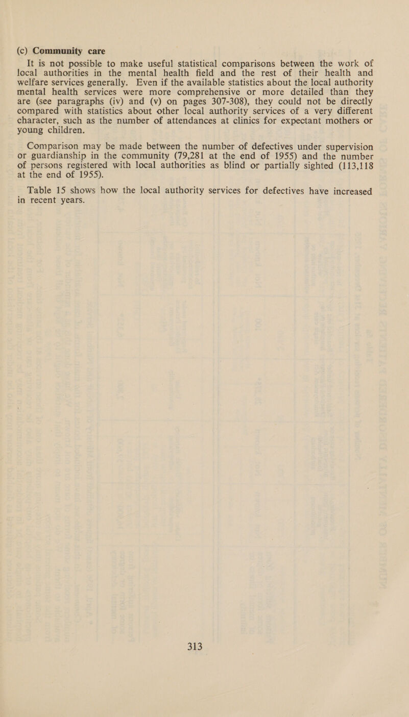 (c) Community care It is not possible to make useful statistical comparisons between the work of local authorities in the mental health field and the rest of their health and welfare services generally. Even if the available statistics about the local authority mental health services were more comprehensive or more detailed than they are (see paragraphs (iv) and (v) on pages 307-308), they could not be directly compared with statistics about other local authority services of a very different character, such as the number of attendances at clinics for expectant mothers or young children. Comparison may be made between the number of defectives under supervision or guardianship in the community (79,281 at the end of 1955) and the number of persons registered with local authorities as blind or partially sighted (113,118 at the end of 1955). Table 15 shows how the local authority services for defectives have increased in recent years.