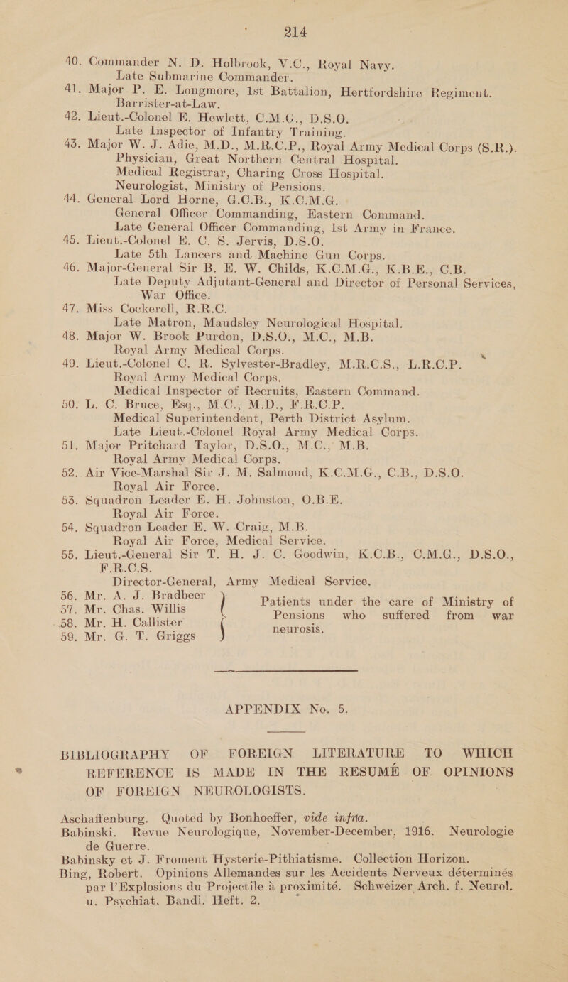 40. Commander N. D. Holbrook, V.C., Royal Navy. Late Submarine Commander. 41. Major P. E. Longmore, 1st Battalion, Hertfordshire Regiment. Barrister-at-Law. 42. Lieut.-Colonel E. Hewlett, C.M.G., D.S.O. Late Inspector of Infantry Training. 43. Major W. J. Adie, M.D., M.R.C.P., Royal Army Medical Corps (S.R.). Physician, Great Northern Central Hospital. Medical Registrar, Charing Cross Hospital. Neurologist, Ministry of Pensions. 44. General Lord Horne, G.C.B., K.C.M.G. General Officer Commanding, Eastern Command. Late General Officer Commanding, 1st Army in France. 45. Lieut.-Colonel HE. C. S. Jervis, D.S.O. Late 5th Lancers and. Machine Gun Corps. 46. Major-General Sir B. E. W. Childs, K.C.M.G., K.B.E., C.B. Late Deputy Adjutant-General and Director of Personal Services, War Office. 47. Miss Cockerell, R.R.C. Late Matron, Maudsley Neurological Hospital. 48. Major W. Brook Purdon, D.S.0., M.C., M.B. Royal Army Medical Corps. 49. Lieut.-Colonel C. R. Sylvester-Bradley, M.R.C.S., L.R.C.P. Royal Army Medical Corps. Medical Inspector of Recruits, Hastern Command. 50: L. ‘C: Bruce, Esq.) MC) MDS FRPP. Medical Superintendent, Perth District Asylum. Late Lieut.-Colonel Royal Army Medical Corps. 51. Major Pritchard Taylor, D.S.0., M.C.,° M.B. Royal Army Medical Corps. 52.. Air Vice-Marshal Sir J. M. Salmond, K.C.M.G., C.B., D.S.O. Royal Air Force. 53. Squadron Leader BE. H. Johnston, O.B.E. Royal Air Force. 54. Squadron Leader E. W. Craig, M.B. Royal Air Force, Medical Service. 55. Lieut.-General Sir T. H. J. C. Goodwin, K.C.B., C.M.G., D.8.0:, F.R.C.S. Director-General, Army Medical Service. Se ee bene Patients under the care of Ministry of 2 = ae i ee Pensions who suffered from war 00. Mr. H. Ca aD) 59. Mr. G. T. Griggs \ heurosis. APPENDIX No. 5.  BIBLIOGRAPHY OF FOREIGN LITERATURE TO WHICH REFERENCE IS MADE IN THE RESUME OF OPINION OF FOREIGN NEUROLOGISTS. ; Aschaffenburg. Quoted by Bonhoeffer, vide infra. : Babinski. Revue Neurologique, November-December, 1916. Neurologie de Guerre. Babinsky et J. Froment Hysterie-Pithiatisme. Collection Horizon. , Bing, Robert. Opinions Allemandes sur les Accidents Nerveux déterminés par l Explosions du Projectile &amp; proximité. Schweizer Arch. f. Neurol. u. Psvchiat. Bandi. Heft. 2. ;