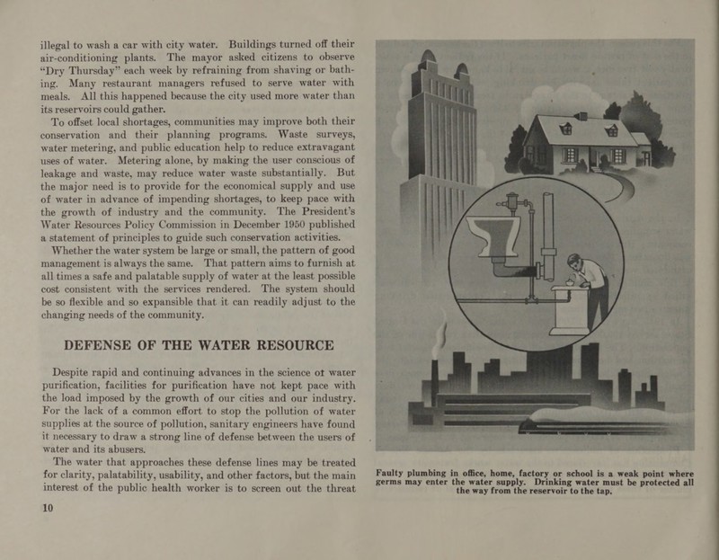 illegal to wash a car with city water. Buildings turned off their air-conditioning plants. The mayor asked citizens to observe “Dry Thursday” each week by refraining from shaving or bath- ing. Many restaurant managers refused to serve water with meals. All this happened because the city used more water than its reservoirs could gather. To offset local shortages, communities may improve both their conservation and their planning programs. Waste surveys, water metering, and public education help to reduce extravagant uses of water. Metering alone, by making the user conscious of leakage and waste, may reduce water waste substantially. But the major need is to provide for the economical supply and use of water in advance of impending shortages, to keep pace with the growth of industry and the community. The President’s Water Resources Policy Commission in December 1950 published a statement of principles to guide such conservation activities. Whether the water system be large or small, the pattern of good management is always the same. That pattern aims to furnish at all times a safe and palatable supply of water at the least possible cost consistent with the services rendered. The system should be so flexible and so expansible that it can readily adjust to the changing needs of the community. DEFENSE OF THE WATER RESOURCE Despite rapid and continuing advances in the science ot water purification, facilities for purification have not kept pace with the load imposed by the growth of our cities and our industry. For the lack of a common effort to stop the pollution of water supplies at the source of pollution, sanitary engineers have found it necessary to draw a strong line of defense between the users of water and its abusers. The water that approaches these defense lines may be treated for clarity, palatability, usability, and other factors, but the main interest of the public health worker is to screen out the threat 10 Faulty plumbing in office, home, factory or school is a weak point where germs may enter the water supply. Drinking water must be protected all the way from the reservoir to the tap.