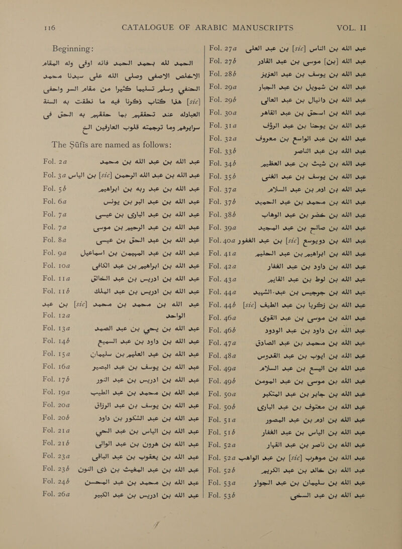 Beginning: Fol. 27a ghalt see اين‎ [sic] Goll بن‎ Al one الحمد فانه اوفى وله المقام‎ omy لله‎ reat! | Fol. 276 BW! عبد الله [بن] موسى بن عبد‎ Bore عبد الله بن يوسف بن عبد العزيز 6 | الاخلص الاصفى وصلى الله على سيدنا‎ تسليما كثيرا من مقام السر واحفى‎ plug الحنفئن‎ | Fol. 2 عبد الله بن شمويل بن عبى الجبار‎ ل كتاب ذكرنا فيه ما نطقت به السنة‎ [sic] | Fol. 0 العالى‎ ae الله بن دانيال بن‎ ane حتققبم به الحق فى‎ ley العبادله عنى تحققبم‎ Fol. 2 القاهر‎ ons عبد الله بن اسحق بن‎ عبس الله بن يوحنا بن عبد الرؤؤف 2 Fol.‏ سرايرهم وما ترجمته قلوب العارفين الخ The 510115 are named as follows: are ONC د‎ عبى الله بن عبد الناصر 336 Fol.‏ 20 النةايل شيك Us np‏ العظيم 6 Fol.‏ | عبد الله بن عبن الله بن محمد 10177 عبى الله بن يوسف بن عبد الغنى 7 Fol.‏ | عبد الله بن عبى الله الرحمن [522] بن الياس Fol. 3a‏ we‏ الله دن val‏ بن عبى السلام 372 wc | Fol.‏ الله بن عبى ربه بن ابراهيم 56 Fol.‏ wc‏ الله بن مدمى بن عبى Fol. 7 Deo!‏ | عبى الله بن عبى pall‏ بن يونس Fol. 6a‏ we‏ الله ين UW pas‏ عبت الوهاب 384 ae | Fol.‏ الله بن عبى البارى بن عيسى 2 Fol.‏ onc‏ الله بن cite‏ بن عبى المجيد 2 Fol.‏ | عبى الله بن عبد الرحيم بن موسى 72 Fol.‏ us‏ الله بن دويوسع [szc]‏ بن عبى الغفور wc | Fol. 4od‏ الله بن عيد Got)‏ بن عيسى Fol. 8a‏ عبد الله بن ابراهيم بن عبد الحليم Fol. 41a‏ | عبى الله بن عبد المبيمدن بن اسماعيل Fol. ga‏ عبى الله بن داود ب عد الغفار we | Fol. 42a‏ الله بن ابراهيم بن عبد الكافى 2 Fol.‏ عبد الله بن لوط بن عبى القايم 2 Fol.‏ | عبى الله بن ادريس بن عبى الخالق 114 Fol.‏ عبد الله بن جرجيس ae a‏ - الشبيد Fol. 44a‏ | عبى الله بن ادريس بن عيبى Fol. 116 Mol)‏ عبد الله بن زكريا بن عبد الطيف [szc]‏ 01.447 | عبن الله بن مدمن بن محمن [S7C]‏ بن عيد عبى الله بن موسى بن عبد القوى Fol. 46a‏ الواحد { 2 Fol.‏ عبى الله ye‏ داود بن عبت الودود 7 Fol.‏ | عبى الله بن يحي بن عبد الصمد 101.2 عبد الله بن محمد بن عبى الصادق we | Fol. 47a‏ الله بن داود بن عبى السميع 146 Fol.‏ لذ بر ايوب بن Jos‏ القدوس mee | Fol. 48a‏ الله بن عبى العليم بن سليمان Fol. 15a‏ ine‏ الله بن اليسع بن we | Fol. goa 02 مالسلا wee‏ الله بن يوسف بن عبد اليصير 164 Fol.‏ عبى الله بن موسى. بن Oe‏ المومن 7 Fol.‏ | عبى الله بن ادريس بن عبى النور 6 Fol.‏ عبس الله بن pile‏ بن عبى المتكبر Fol. soa‏ | عبد الله بن domo‏ بن عبى الطيب 2 Fol.‏ عبى الله بن معتوف بن عبد البارى 67 we | Fol.‏ الله بن يوسف بن عبد الرزاق Fol. 20a‏ الل الله بن esl‏ بن wc‏ المضور one | Fol. sta‏ الله بن عبى الشكور بن داود 206 Fol.‏ عبى الله بن الياس بن عبى الغفار 67 Fol.‏ | عبس الله بن الياس بن عبد الحي 1 عبى الله بن ناصر بن عبى القوار 522 we | Fol.‏ الله بن هرون بن عيد الوالى 214 Fol.‏ عبد الله بن موهرب [526] بن we‏ الواهب Fol. 52a‏ | عبى الله بن يعقوب بن عبى الباقى 2 Fol.‏ عبد الله دبن She‏ بن عبد الكريم 67 Fol.‏ | عبى الله بن عبى المغيث بن ذى النون 236 Fol.‏ عبى الله بن سليمان بن oe‏ الجوار 7 wc | Fol.‏ الله بن محمى بن عبد المحسن Fol. 245 ٠2‏ عبد الله بن عبى السخى 534 we | Fol.‏ الله بن ادريس بن اعبى الكبيو Fol. 26a‏