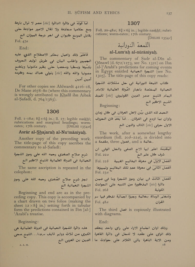 Ul‏ قوله فى داثرة الدائرة [sic]‏ مصر لا ترال بارعة ومع lake‏ مخاذعة ولا تقال الامور موادعة حتى يقابل المريخ كيوان فى اخر درجة الميزان الخ Fol. 72‏ End:‏ فاعلم ذلك واعمل بحكم الاصطلاح الذي عليه الجمبور واطلب البيان فى طريق ت3وليب الحروف بكسرها ws‏ ومخصبها حتى يظبر مكنونها ويتضح مصونبا والله والله [522] يتولى Sad‏ بمنه وكرمه آمين آمين For other copies see Ahlwardt 4216-18,‏ De Slane 2678-80 (where this commentary‏ is wrongly attributed to Khalil ibn Aibak al-Safadi, d. 764/1363). 1306 Foll. 1-184; 83x 6} in.; ll. 17; legible naskhi; rubrications and marginal headings; worm- eaten; 17th century. [DELHI 1354a] Asrar al-Shajarah al-Nu‘maniyah. Another copy of the preceding work. The title-page of this copy ascribes the commentary to al-Safadi: النعمانية فى الدولة العثمانية للشيخ الاكبر الخ‎ The same ascription is repeated in the colophon: على رموز‎ AN! صلاح الصفدى رحمه‎ ae نجز‎ الشجرة النعمانية الخ‎ Beginning and end are as in the pre- ceding copy. This copy 15 accompanied by a chart drawn on two folios (making the sheet 12 x8} in.) setting forth in tabular form the predictions contained in Ibn [al-] ‘Arabi’s treatise. Beginning: هذه دائرة الشجرة النعمانية فى الدولة العثمانية هى‎ مدى‎ rer 5 دواير اليف سيد نا.‎ SYS الكبرى من‎ الح‎ ste بن‎ Greil A. A.M.  137 1307 Foll. 20-48a; 82x 6} in.; legible naskhi; rubri- cations; worm-eaten; 17th century. [DELHI 1354c] al-Lum ‘ah al-niraniyah. The commentary of Sadr al-Din al- Qodnawi (d. 672/1273, see No. 1321) on Ibn [al-]“Arabi’s predictions for coming events in Egypt entitled الشجرة النعمانية‎ (see No. 1305). The title-page of this copy reads: اللبعة الورانية فن هل مشكرات اسه‎ CS الجا لاما‎ Asa) Ue dates!) النعمانية‎ صدر الدين القونيوى ]520[ تلميذ‎ el Dowd! SM الشيم الاكبر‎ Beginning: 3 Cc الحمد لله الذى بين لاهل العرفان فى كل زمان واواث بما اودع فى الفرقان . . . اما aay‏ فان الحروف الاول حرفى [52] الكاف والنون الخ The work, after a somewhat lengthy‏ exordium (foll. 206-22 ,(ه‎ is divided into a ,مقدمة‎ three فصول‎ , anda خاتمة‎ . المقدمة اعلم ايها الاخ الصفى والخل الوفى ان شرف كل علم الخ Fol. 22a‏ الفصل الاول فى معرفة المفاتيح الغيبية 225 Fol.‏ الفصل الثانى فى معرفة عدد تلك المفاتيح وتمييزها Fol. 2‏ الفصل الثالث فى بيان رموز الشجرة وما فى ضمن دائرة [522] المذكورة من التنبيه على الحوادث Fol. 6‏ ولنختم الرسالة بخاتمة وجيزة اجمالية نزكر فيبا سر Fol. 2‏  القران is copiously illustrated‏ فصل The third‏ with diagrams.‏ End:‏ وذلك اوان اجتماع الاراء على راى واحد ينعقد ذلك الراى على عقده لا تنحل فى دائرة القاهرة ومن الاية الباهرة ياتى الكلام على حوادث ما 18