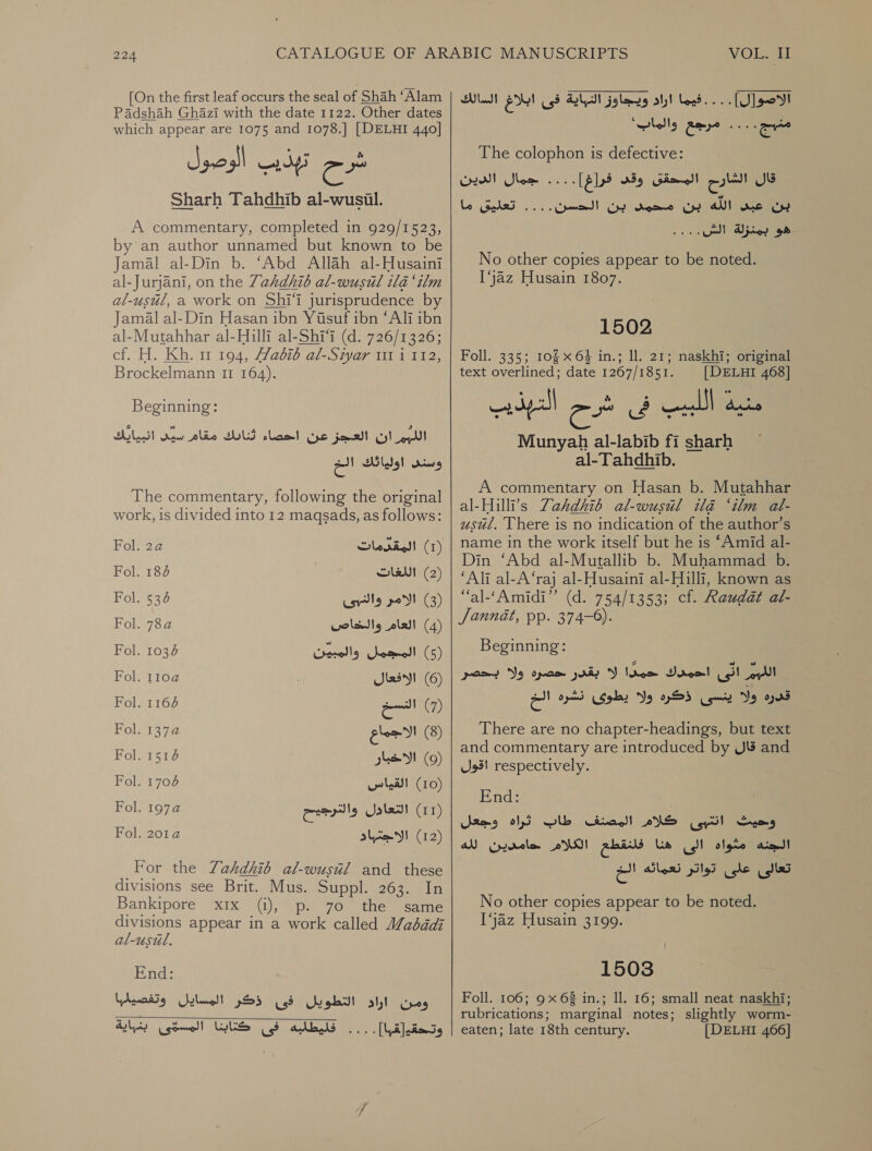 [On the first leaf occurs the seal of Shah ‘Alam Padshah Ghazi with the date 1122. Other dates which appear are 1075 and 1078.] [DELHI 440] Sharh Tahdhib al-wusil. A commentary, completed in 929/1523, by an author unnamed but known to be Jamal al-Din b. ‘Abd Allah al-Husaini al-Jurjani, on the Zahkdhib al-wusul ila ‘ilm al-usél, a work on Shi‘l jurisprudence by Jamal al-Din Hasan ibn Yusuf ibn ‘Ali ibn al-Mutahhar al-Hilli al-ShiT (d. 726/1326; cf. H. Kh. 1 194, Habib al-Siyar it i 112, Brockelmann 11 164). Beginning: مقام سين البيايك‎ StS clam! عن‎ jamal) Cy! pb وسنى اوليائتك ا‎ The commentary, following the original work, is divided into 12 maqsads, as follows: Fol. 22 المقدمات‎ (1) Fol. 67 اللغات‎ (2) Fol. 534 الامر والنبى‎ (3) Fol. 78a العام والخاص‎ (4) Fol. 1034 المجمل والمبين‎ (5) Fol. 2 الافعال‎ )6( Fol. 7 ot (7) Fol. 1372 الاجماع‎ (8) Fol. 1514 الاخبار‎ (9) Fol. 1708 القياس‎ (10) Fol. 1974 coals التعادل‎ (11) Fol. 2014 الاجتباد‎ (12) For the Zahdhib al-wusil and these divisions see Brit. Mus. Suppl. 263. In Bankipore x1x (i), p. 70 the same divisions appear in a work called 7 al-usul. End: ومن اراد التطويل فى ذكر المسايل وتفصيلها وتحقي[قبا].... فليطلبه فى كتابنا some)!‏ بنراية   الاصوال]. ...فيما اراد ويجاوز النباية فى ابلاغ السالك منيج.... مرجع “wholly‏ The colophon is defective:‏ JG‏ الشاردم المحقق وقد فراغ].... جمال الدين بن عبى الله بن محمى بن الحسن.... تعليق ما هو بمنزلة الشس.... No other copies appear to be noted. [jaz Husain 1807. 1502 Foll. 335; 10% x 64 in.; Il. 21; naskhi; original text overlined; date 1267/1851. [DELHI 468] Munyah al-labib fi sharh ~ al-Tahdhib. A commentary on Hasan b. Mutahhar al-Hilli’s Zahkdhib al-wusul ila ‘ilm al- usul. There is no indication of the author’s name in the work itself but he is “Amid al- Din ‘Abd al-Mutallib b. Muhammad b. “Ali al-A‘raj al-Husaini al-Hilli, known as “al-‘Amidi” (d. 754/1353; cf. Raudat al- Jannat, pp. 374-6). Beginning: انّى احمدك حمدًا لا بقدر حصره ولا بحصر‎ oll ال ae‏ ولا يطوى انشره الخ There are no chapter-headings, but text and commentary are introduced by قال‎ and Us3! respectively. End: وحيث انتبى كلام المصنف طاب ثراه وجعل‎ الجنه مثواه الى هنا فلنقطع الكلام حامدين لله‎ تعالى على تواتر نعمائه الح‎ No other copies appear to be noted. Ijaz Husain 3199. 1503 Foll. 106; 9 x 6% in.; Il. 16; small neat naskhi; rubrications; marginal notes; slightly worm- eaten; late 18th century. [DELHI 466]