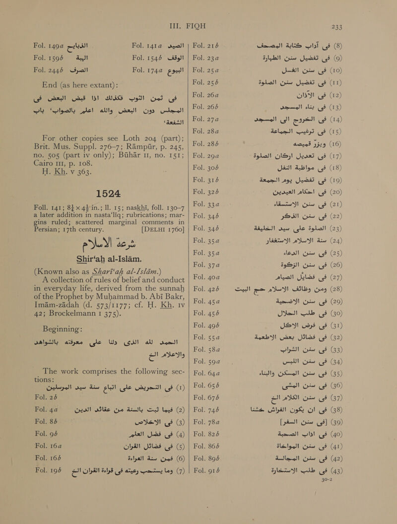 )8( فى آداب كتابة المصحف 6 Fol.‏ | الصيف 14121 Fol.‏ | الذبايح 1494 Fol.‏ )9( فى تفضيل سنن الطبارة 2 Fol.‏ | الوقفك 1546 Fol. 1595 ةّببلا Fol.‏ )10( فى سنن الغسل 2524 Fol.‏ البيوع 1744 Fol.‏ الصرف 24456 Fol.‏ )11( فى تفضيل سنن الصلوة 6 End (as here extant): Fol.‏ Fol. 26a Olsyl us? (12)‏ فى تمن Ss)‏ فكذلك )8 feces‏ )13( فى بناء المسجد 264 Fol.‏ المجلس دون البعضل واللة أل Lo) (ipo)‏ usd (14)‏ الخروج الى المسجد 2 Fol.‏ | ارشزعة؛ ; )15( فى ترغيب الجماعة Fol. 28a‏ For other copies see Loth 204 (part);  Brit. Mus. Suppl. 276-7; Rampir, 2. 245, Fol. 286 قميصه‎ $29 (16) no. 505 (part iv only); Buhar 11, no. 151; | Fol. 29a فى تعريل اركان الصلوة‎ (17) Cairo i, 0-1 Lone ae H. rahe 363. : Fol. 7 فى مواظبة النفل‎ (18) Fol. 67 فى تفضيل يوم الجمعة‎ (19) 1524 Fol. 324 فى احكام العيدين‎ (20) Foll. 141; 84x 4+4 :.مة‎ Il. 15; naskhi, foll. 130-7 لك‎ ENG Nel Gs الك‎ a later addition in nasta‘liq; rubrications; mar- | Fol. 346 PEIN فى اسمن‎ (22) gins ruled; scattered marginal comments in Persian; 17th century. [DELHI 1760] | Fol. 344 الصلوة على سيى الخليفة‎ (23) الاسلك‎ ac 0 1010 سنة الاسلام الاستغفار‎ (24) شرعة الاسلام‎ ١ 8 Fol. 352 slew! فى سين‎ (25) Shir‘ah al-Islam. eae a 5 (26) ol. 37a سنن الركوة‎ 2 (Known also as Shari‘ah al-[slim.) ae, A collection of rules of belief and conduct | F°!: 42 Ze ON) RES TEED in everyday life, derived from the sunnah | Fol. 426 البيت‎ eam ومن وظائف الاسلام‎ (28) of the Prophet by Muhammad b. Abi Bakr, 3  Imam-zadah (d. 573/1177; cf. H. Kh. rw | Fo! 45¢ crepe iene EE, 42; Brockelmann I 375). Fol. 454 فى طلب الحلال‎ (30) Beginning: Fol. 494 JOY! فى فرض‎ (31) Mee ون‎ coi) الحيى الله‎ | 7 554 pune ere Shon Se 32) والاعلام الخ‎ Fol. 58a الشراب‎ ca = (33) Folssog 4. اللبس‎ cpt فى‎ (34) : The work comprises the following sec- | Fol. 64a ART, a iik@ hell em, ET ae, ee plas BO PRS eee Fol. 656 فى سنن المشى‎ (36) Fol. 6 Fol. 676 فى سئن الكلام الح‎ (37) Fol. 4a ثبت بالسنة من عقاس الدين‎ lend (2) | Fol. 6 فى ان يكون الفراش خشنا‎ (38) Fol. 84 فى الاخلااص‎ (3) | Fol. 78a [فى سنن السفر]‎ (39) Fol. 94 فى فضل العم‎ (4) | Fol. 6 فى اذاب الصحبة‎ (40) Fol. 2 فى فضائل القران‎ )5( | Fol. 6 فى سنن المواخاة‎ (41) Fol. 164 فمن سنة العراءة‎ (6) | Fol. 6 فى سدن المجالسة‎ (42) Fol. 198 وما يستحب رعيته فى قراءة القران الح‎ (7) | Fol. 6 فى طلب الاستخارة‎ (43) 30-2