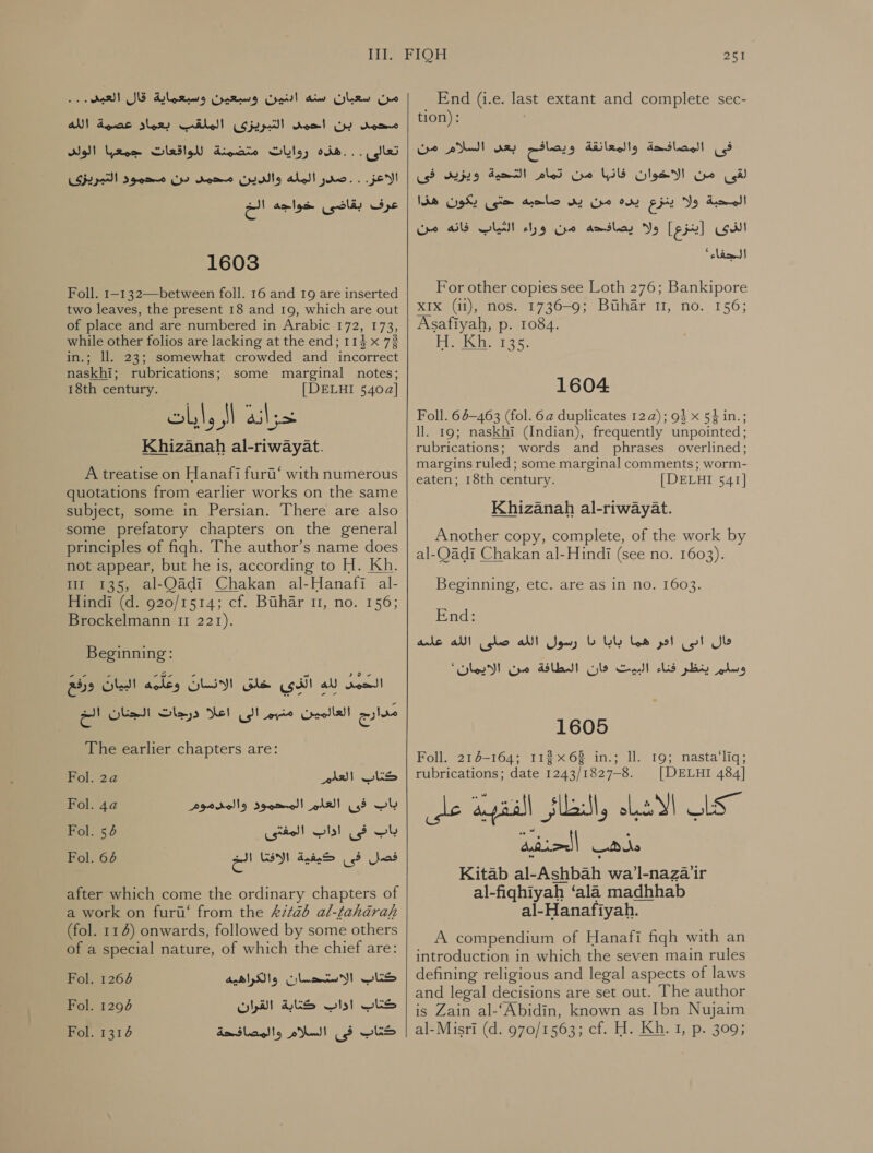 من سعبان سنه ادنين وسبعين وسبعماية قال العيد. . . محمد بن احمد التبريزى الملقب بعماد عصمة الله تعالى . . .هذه روايات متضمنة للواقعات جمعبا الولد الاعز. . . صدر المله والدين محمد دن محمود التبريزى عرف بقاضى خواجه الخ 1603 Foll. 1-132—between foll. 16 and 19 are inserted two leaves, the present 18 and 19, which are out of place and are numbered in Arabic 172, 173, while other folios are lacking at the end; 11} x 73 in.; ll. 23; somewhat crowded and incorrect naskhi; rubrications; some marginal notes; 18th century. | DELHI 5404] Khizanah al-riwayat. A treatise on Hanafi fur‘ with numerous quotations from earlier works on the same subject, some in Persian. There are also some prefatory chapters on the general principles of figh. The author’s name does not appear, but he is, according to H. Kh. Wt 135, al-Oadi Chakan al-Hanafi al- Hindi (d. 920/1514; cf. Buhar 11, no. 156; Brockelmann 11 221). Beginning: ورفع‎ ft! rary ls كوا لله الذى خلق‎ مدارج العالمين منبم الى اعلا درجات الجنان الخ‎ The earlier chapters are: كناب العلم Fol. 2a‏ باب فى العلم المحمود والمدموم 2 Fol.‏ باب فى اداب المفتى 54 Fol.‏ Fol. 64‏ فصل فى كيفية الافتا الخ after which come the ordinary chapters of a work on fur‘ from the 61186 al-taharah (fol. 114) onwards, followed by some others of a special nature, of which the chief are: Fol. 1266 Fol. 1296 Fol. 1314 a‏ الاستحسان والكراهيه كناب اداب ALS‏ القران كتاب فى السلام والمصافحة  251 End (i.e. last extant and complete sec- tion): فى المصافحة والمعائقة ويصافح بعد السلام من‎ ويزيد فى‎ Fem! led لقى من الاخوان فانها من‎ المحبة ولا ينزع يده من يد صاحبه حتى يكون هذا‎ فانه من‎ ball [ينزع] ولا يصافده من وراء‎ Gull vba For other copies see Loth 276; Bankipore XIx (ii), nos. 1736-9; Buhar 11, no. 156; Asafiyah, p. 1084. Piven 435, 1604 Foll. 64-463 (fol. 6a duplicates 122); 93 x 54 in.; ll. 19; naskhi (Indian), frequently unpointed; rubrications; words and phrases overlined; margins ruled; some marginal comments; worm- eaten; 18th century. [DELHI 541] Khizanah al-riwayat. Another copy, complete, of the work by al-Oadi Chakan al-Hindi (see no. 1603). Beginning, etc. are as in no. 1603. End: aks ادر هما بابا دا رسول الله صلى الله‎ cs! قال‎ “lee وسلم ينظر فناء البيت دان المطافة من‎ 15 Foll. 216-164: 11268 in.; Il. rubrications; date 1243/1827-8. اكات الام gladly‏ ال ا Ses‏ سردن Kitab al-Ashbah wa’l-nazair‏ al-fiqhiyah ‘ala madhhab al-Hanafiyah. 19; nasta‘liq; [DELHI 484] A compendium of Hanafi figh with an introduction in which the seven main rules defining religious and legal aspects of laws and legal decisions are set out. The author is Zain al-‘Abidin, known as Ibn Nujaim al-Misri (d. 970/1563; cf. H. Kh. 1, p. 309;