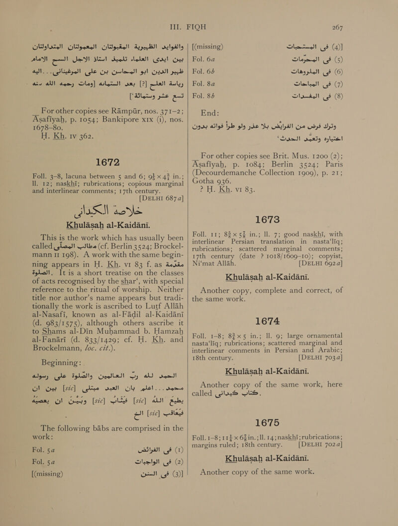 والفوايد الظبيرية المقبولتان المعمولتان المتراولتان بين ايدى العلماء تلميف استاذ اللاجل = ALY‏ ظبير الدين ابو المحاسن بن على المرغينانى . . . اليه رياسة العلح ]?[ uz,‏ السكثمانبه [ومات رحمه الله دنه . تسع عشر وستماثة ]| __ For other copies see Rampir, nos. 371-2; Asafiyah, p. 1054; Bankipore x1x (i), nos. 1678-80. Hy Kh: 1v} 362. 1672 Foll. 3-8, lacuna between 5 and 6; 9 x 4? in.; 11. 12; naskhi; rubrications; copious marginal and interlinear comments; 17th century. [DELHI 687 &gt;[ Khulasah al-Kaidani. This is the work which has usually been called مطالب المصلى‎ (cf. Berlin 3524; Brockel- mann 11 198). A work with the same begin- ning appears in H. Kh. vr 83 f. as مقدمة‎ .الصلوة‎ It is a short treatise on the classes of acts recognised by the shar“, with special reference to the ritual of worship. Neither title nor author’s name appears but tradi- tionally the work is ascribed to Lutf Allah al-Nasafi, known as al-Fadil al-Kaidani (d. 983/1575), although others ascribe it to Shams al-Din Muhammad b. Hamzah Mipeeeari(d: 833/1429; cf. El. Kh. and Brockelmann, /oc. cit.). Beginning: :‏ soot‏ لله رب العالمين والصلوة على رسوله مدمد. . . اعلم بان sant]‏ مبتلى [ste]‏ بين ان ar يطيع الله [ste] tess [szc]‏ و cued‏ ان يعصيه فيعَاقب [szc]‏ الح The following babs are comprised in the work: )1( فى الفرائكض $2 Fol.‏ (2) فى الواجيات &gt;5 Fol.‏ ])3( فى السنن [(missing)‏    267 ])4( فى المستحبات [(missing)‏ Fol. 6a leone! اف‎ )6( فى الملروهات 64 Fol.‏ (7) فى المباهات 2 Fol.‏ Fol. 6 فى المفسدات‎ (8) End: وترك فرض من الفرايض بلا عذر ولو طرا فواته بدون اختياره oxy‏ الحدث “ __ For other copies see Brit. Mus. 1200 (2); Asafiyah, p. 1084; Berlin 3524; Paris (Decourdemanche Collection 1909), p. 21; Gotha 936. peer 83. 1673 Foll. 11; 88x 5% in.; ll. 7; good naskhi, with interlinear Persian translation in nasta‘liq; rubrications; scattered marginal comments; 17th century (date ? 1018/1609-I0); copyist, Ni‘mat Allah. [ DELHI 6924] Khulasah al-Kaidani. Another copy, complete and correct, of the same work.  1674 Foll. 1-8; 83x 5 in.; ll. 9; large ornamental nasta‘liq; rubrications; scattered marginal and interlinear comments in Persian and Arabic; 18th century. [DELHI 703 a] Khulasah al-Kaidani. Another copy of the same work, here called كتاب كيدانى‎ . 1675 Foll. 1-8; 114 x 6Zin. ; 11. 14; naskhi; rubrications ; margins ruled; 18th century. [DELHI 702 a] Khulasah al-Kaidani. Another copy of the same work.