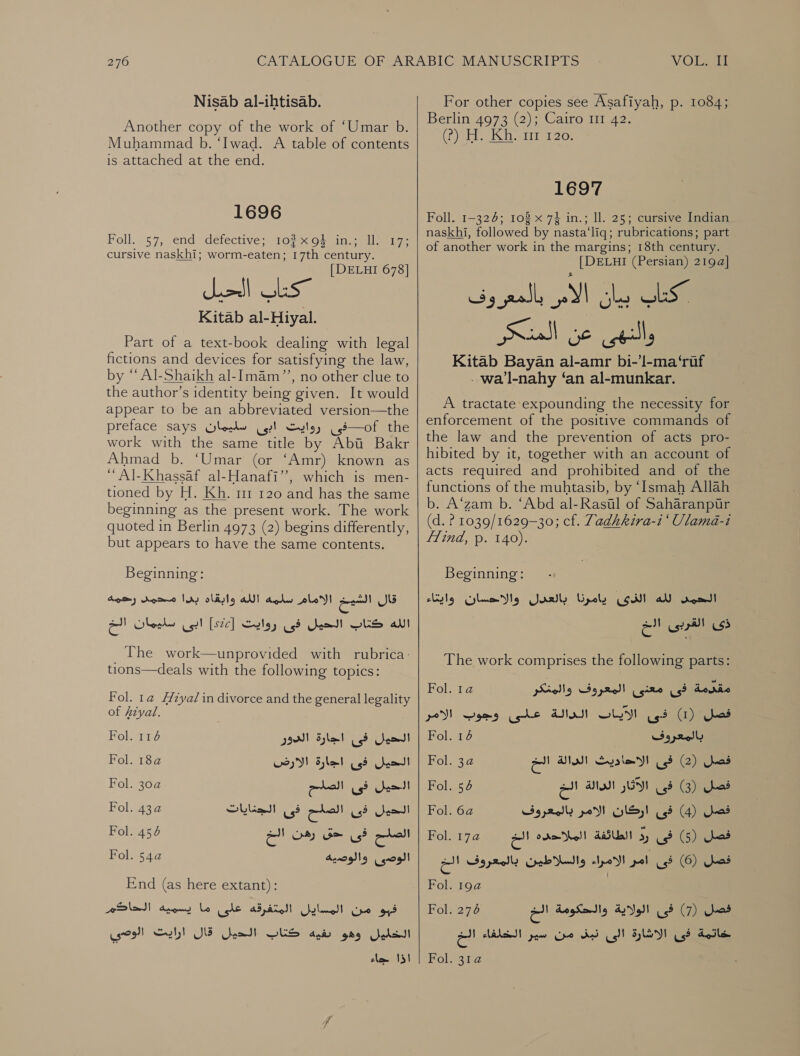 Nisab al-ihtisab. Another copy of the work of ‘Umar b. Muhammad b. ‘Iwad. A table of contents is attached at the end. 1696 Foll..57, end defectivess107 &lt;0, sins ei cursive naskhi; worm-eaten; 17th century. [| DELHI 678] fell ci Kitab al-Hiyal. Part of a text-book dealing with legal fictions and devices for satisfying the law, by “ Al-Shaikh al-I[mam”’, no other clue to the author’s identity being given. It would appear to be an abbreviated version—the preface says روايت ابى سليمان‎ ..s—of the work with the same title by Aba Bakr Ahmad b. ‘Umar (or ‘Amr) known as “ Al-Khassaf al-Hanafi”, which is men- tioned by H. Kh. 111 120 and has the same beginning as the present work. The work quoted in Berlin 4973 (2) begins differently, but appears to have the same contents. Beginning: محم رحهمه‎ Irs قال لمع الامام سلمه الله وابقاه‎ سليمان نالخ‎ cs! [ [szc] الله دناب الحيل فى ووايت‎ _ The work—unprovided with rubrica: tions—deals with the following topics: Fol. 1» Hiéyal in divorce and the general legality of Azyal. الحيل فى اجارة الدور 116 Fol.‏ الحيل فى اجارة اللارض 7 Fol.‏ الحيل ذ فى الصلح Fol. 30a‏ الحيل فى الصلح فى الجنايات &gt;4 Fol.‏ الصلح فى Gm‏ رهن الخ 456 Fol.‏ الوصى والوصيه Fol. 54a‏ End (as here extant): الشفرفظ على ما يسميه الحاكير‎ oe 0 الوصي‎ Cull UE Used ار ور دناه كتاتب‎ اذا جاء   For other copies see Asafiyah, p. 1084; Berlin 4973 (2); Cairo 11 42. ياه زه‎ atrial 20: 1697 Foll. 1-324; 103 x 7} in.; ll. 25; cursive Indian naskhi, followed by nasta‘liq; rubrications; part of another work in the margins; 18th century. | DELHI (Persian) 219@] اكات بيان الامر بالمعروف والنهى عن ull‏ Kitab Bayan al-amr bi-’l-ma ‘rif - wa'l-nahy ‘an al-munkar. A tractate expounding the necessity for enforcement of the positive commands of the law and the prevention of acts pro- hibited by it, together with an account of acts required and prohibited and of the functions of the muhtasib, by ‘Ismah Allah b. A‘zam b. ‘Abd al-Rasul of Saharanpur (d. ? 1039/1629-30; cf. Tadhkira-i‘ UVlama-i find, p. 140). Beginning: لله الذى يامرنا بالعدل والاحسان وايتاء‎ rood a se ss The work comprises the following parts: Fol. 1a المعروف والمنكر‎ (gine (63 Aodic فى الاباب الدالة على .وجوب الامر‎ (1) Jos Fol. 16 بالمعروف‎ فصل (2) فى اديت الىالة الخ 2 POL‏ فصل (3) فى الآثار الدالة الخ 6 Fol.‏ فصل )4( فى اركان الامر بالمعروف Fol. 6a‏ فصل )5( فى رد الطائفة الملاحده الح 1501.176 فصل (6) فى امر الامراء والسلاطين بالمعروف الخ شْ &gt;9 Fol.‏ فصل (7) فى الولاية والحكومة الخ 6 Fol.‏ خاتمة ذى الاشارة الى نيل من سير الخلفاء a‏ Fol. 31a‏