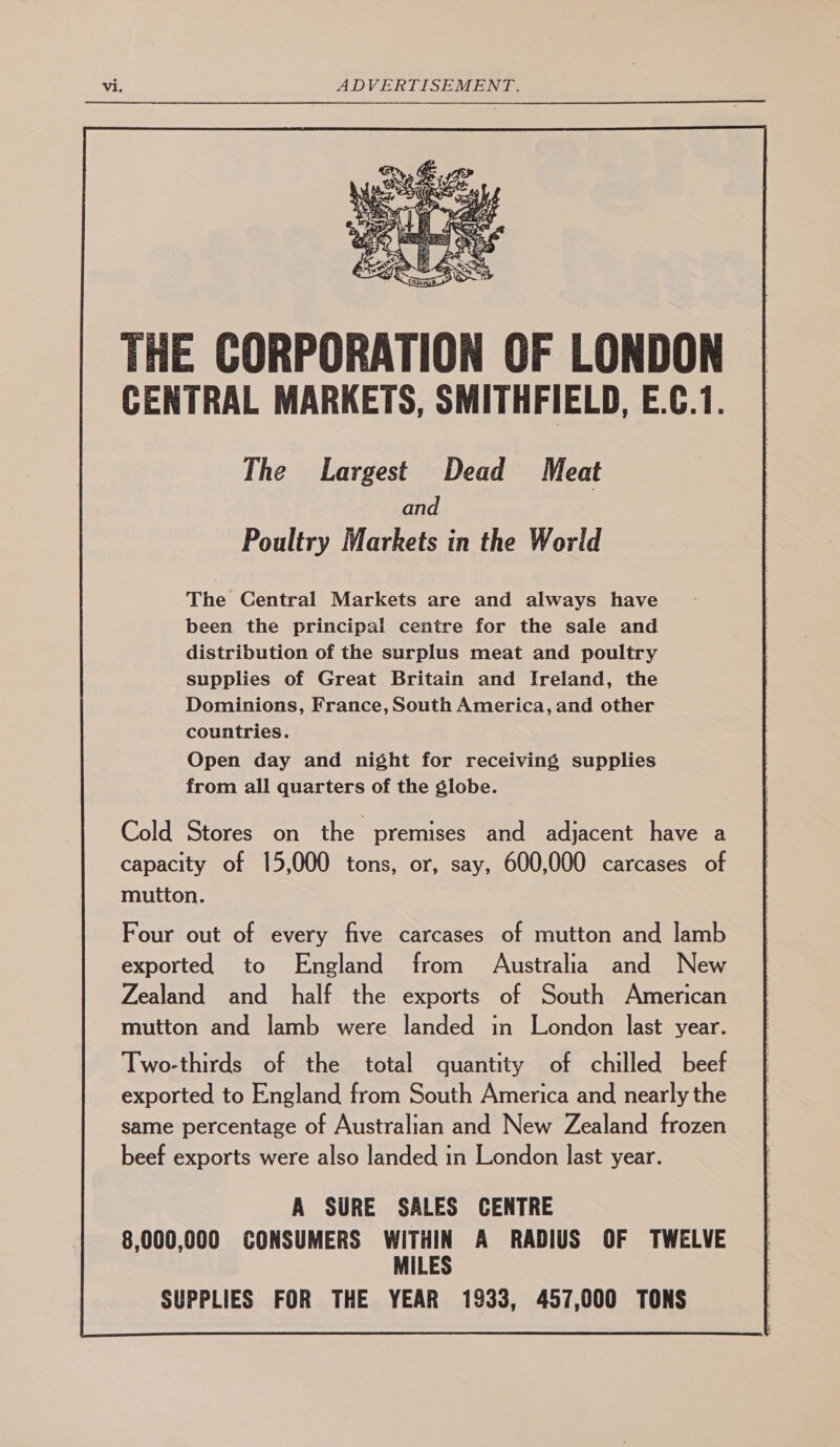  THE CORPORATION OF LONDON CENTRAL MARKETS, SMITHFIELD, E.C.1. The Largest Dead Meat and Poultry Markets in the Worid The Central Markets are and always have been the principal centre for the sale and distribution of the surplus meat and poultry supplies of Great Britain and Ireland, the Dominions, France, South America, and other countries. Open day and night for receiving supplies from all quarters of the globe. Cold Stores on the premises and adjacent have a capacity of 15,000 tons, or, say, 600,000 carcases of mutton. Four out of every five carcases of mutton and lamb exported to England from Australia and New Zealand and half the exports of South American mutton and lamb were landed in London last year. Two-thirds of the total quantity of chilled beef exported to England from South America and nearly the same percentage of Australian and New Zealand frozen beef exports were also landed in London last year. A SURE SALES CENTRE 8,000,000 CONSUMERS WITHIN A RADIUS OF TWELVE MILES SUPPLIES FOR THE YEAR 1933, 457,000 TONS
