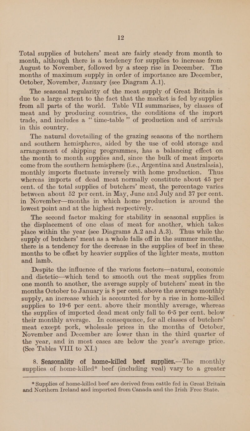 Total supplies of butchers’ meat are fairly steady from month to month, although there is a tendency for supplies to increase from August to November, followed by a steep rise in December. The months of maximum supply in order of importance are December, October, November, January (see Diagram A.1). The seasonal regularity of the meat supply of Great Britain is due to a large extent to the fact that the market is fed by supplies from all parts of the world. Table VII summarises, by classes of meat and by producing countries, the conditions of the import trade, and includes a “ time-table ” of production and of arrivals in this country. The natural dovetailing of the grazing seasons of the northern and southern hemispheres, aided by the use of cold storage and arrangement of shipping programmes, has a balancing effect on the month to month supplies and, since the bulk of meat imports come from the southern hemisphere (i.e., Argentina and Australasia), monthly imports fluctuate inversely with home production. Thus whereas imports of dead meat normally constitute about 45 per cent. of the total supplies of butchers’ meat, the percentage varies between about 52 per cent. in May, June and July and 37 per cent. in November—months in which home production is around the lowest point and at the highest respectively. The second factor making for stability in seasonal supplies is the displacement of one class of meat for another, which takes place within the year (see Diagrams A.2 and A.3). Thus while the supply of butchers’ meat as a whole falls off in the summer months, there is a tendency for the decrease in the supplies of beef in these months to be offset by heavier supplies of the lighter meats, mutton and lamb. Despite the influence of the various factors—natural, economic and. dietetic—which tend to smooth out the meat supplies from one month to another, the average supply of butchers’ meat in the months October to January is 8 per cent. above the average monthly supply, an increase which is accounted for by a rise in home-killed supplies to 19-6 per cent. above their monthly average, whereas the supplies of imported dead meat only fall to 6°5 per cent. below their monthly average. In consequence, for all classes of butchers’ meat except pork, wholesale prices in the months of October, November and December are lower than in the third quarter of the year, and in most cases are below the year’s average price. (See Tables VIII to XI.) 8. Seasonality of home-killed beef supplies——The monthly supplies of home-killed* beef (including veal) vary to a greater * Supplies of home-killed beef are derived from cattle fed in Great Britain and Northern Ireland and imported from Canada and the Irish Free State.