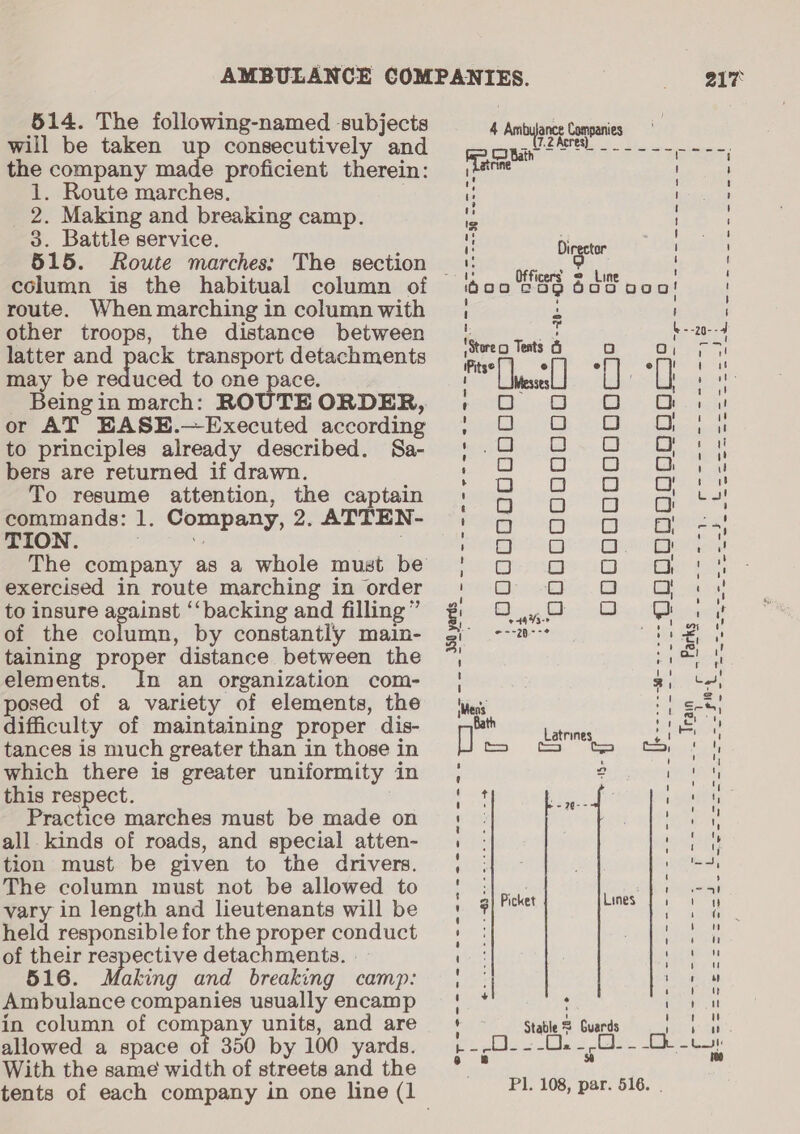 514. The following-named subjects will be taken up consecutively and the company made proficient therein: 1. Route marches. . 2. Making and breaking camp. 3. Battle service. column is the habitual column of route. When marching in column with other troops, the distance between latter and pack transport detachments may be reduced to one pace. Being in march: ROUTE ORDER, or AT EASE.—Executed according to principles already described. Sa- bers are returned if drawn. To resume attention, the captain commands: 1. Company, 2. ATTEN- TION. ic exercised in route marching in order to insure against ‘‘backing and filling” of the column, by constantly main- taining ae distance between the elements. In an organization com- osed of a variety of elements, the difficulty of maintaining proper dis- tances is much greater than in those in which there is greater uniformity in this respect. Practice marches must be made on all. kinds of roads, and special atten- tion must be given to the drivers. The column must not be allowed to vary in length and lieutenants will be held responsible for the proper conduct of their respective detachments. | 516. Making and breaking camp: Ambulance companies usually encamp in column of company units, and are allowed a space of 350 by 100 yards. With the same width of streets and the pe eS ee el ae -~ eS ef Pa: — ween n-ne ewe ow eee we cee ww em em @ OOCORUROODUB ooogcoooo000n ° 4443-0 % ‘ t wy i) . ° 3 Picket Lines il ; Stable s Guards is — —_— —! — ede me Pl. 108, par. 516. . --20--4 win Salers MSR Ae _ Train