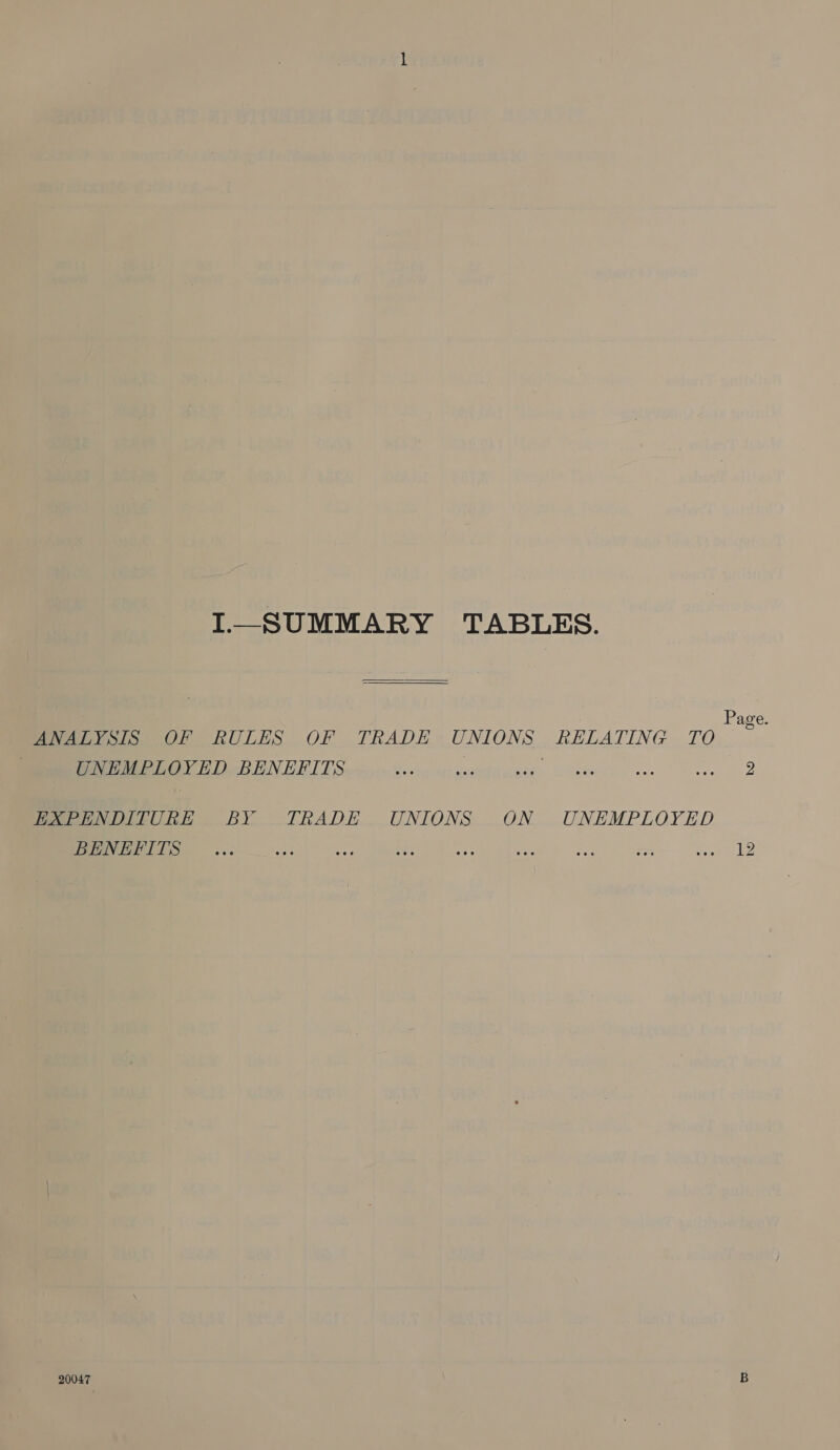 I—SUMMARY TABLES. Page. ANALYSIS OF RULES OF TRADE UNIONS RELATING TO | UNEMPLOYED BENEFITS ie feos Bae, ikee: enn sal a, Peeve rOnn BY TRADE UNIONS _ON. UNEMPLOYED bene ITS ..: bee See ne sp At yy oa coe ya 20047 B