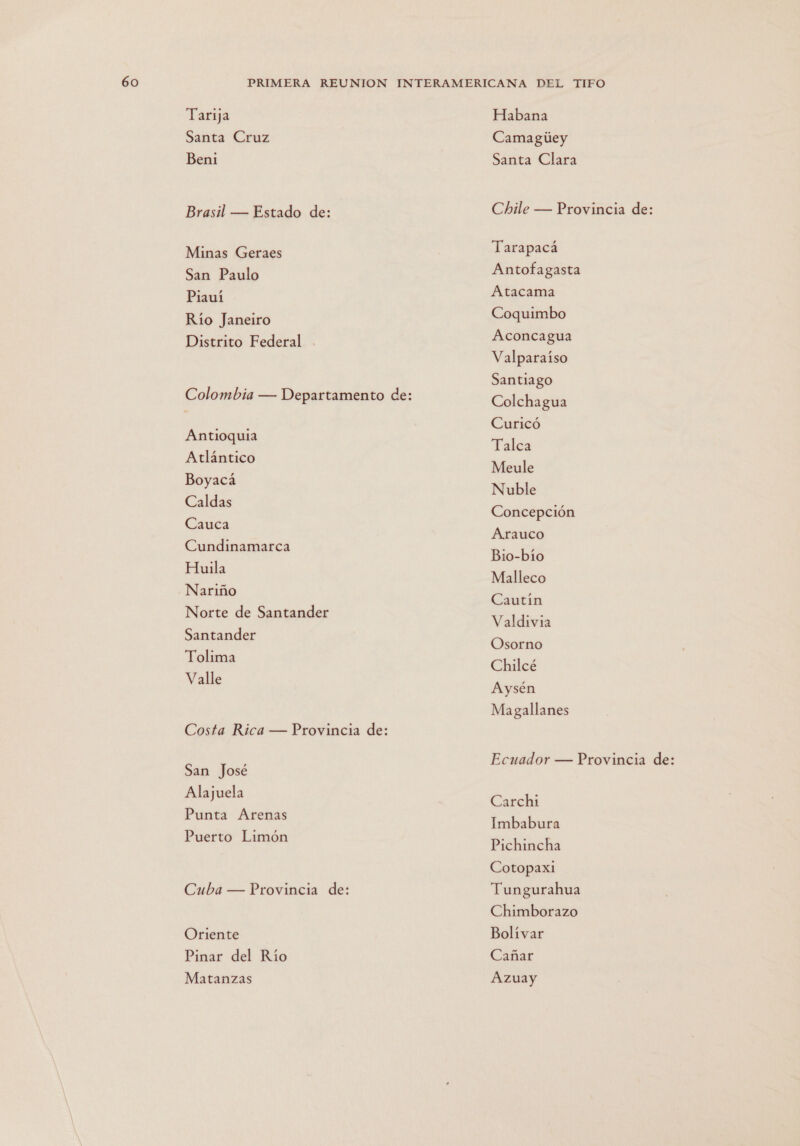 Tarija Santa Cruz Beni Brasil — Estado de: Minas Geraes San Paulo Piauí Río Janeiro Distrito Federal Antioquia Atlántico Boyacá Caldas Cauca Cundinamarca Huila Nariño Norte de Santander Santander Tolima Valle Costa Rica — Provincia de: San José Alajuela Punta Arenas Puerto Limón Cuba — Provincia de: Oriente Pinar del Río Matanzas Habana Camagúey Santa Clara Chile — Provincia de: Tarapacá Antofagasta Atacama Coquimbo Aconcagua Valparaiso Santiago Colchagua Curicó Talca Meule Nuble Concepción Arauco Bio-bío Malleco Cautín Valdivia Osorno Chilcé Aysén Magallanes Ecuador — Provincia de: Carchi Imbabura Pichincha Cotopaxi Tungurahua Chimborazo Bolívar Cañar Azuay