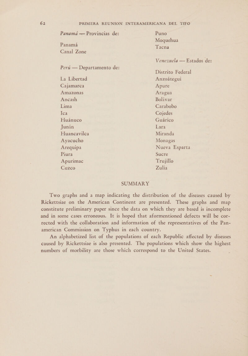 Panamá — Provincias de: Puno Moquehua Panamá y e Canal Zone Venezuela — Estados de: Distrito Federal La Libertad Anzoátegui Cajamarca Apure Amazonas Aragua Ancash Bolívar Lima Carabobo Ica Cojedes Huánuco Guárico Junin Lara Huancavilca Miranda Ayacucho Monagas Arequipa Nueva Esparta Piura Sucre Apurimac Trujillo Cuzco Zulia SUMMAR Y Two graphs and a map indicating the distribution of the diseases caused by Rickettsiae on the American Continent are presented. These graphs and map constitute preliminary paper since the data on which they are based is incomplete and in some cases erroneous. It is hoped that aformentioned defects will be cor- rected with the collaboration and information of the representatives of the Pan- american Commission on Typhus in each country. An alphabetized list of the populations of each Republic affected by diseases caused by Rickettsiae is also presented. The populations which show the highest numbers of morbility are those which correspond to the United States.