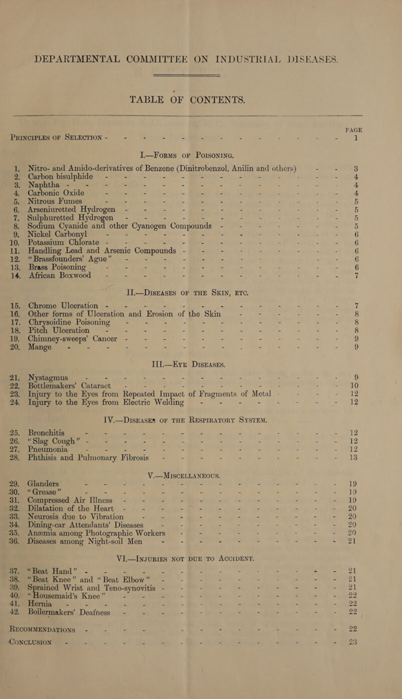 TABLE OF CONTENTS.   pet ee mb kr Sf ONO ote oo bo 1D. cao. 35. 36. 37. I.—Forms oF PoIsonInc. Nitro- and Amido-derivatives of Benzene (Dinitrobenzol, Anilin and other 8) Carbon bisulphide_ - - _ - : 2 . : ‘ : Naphtha - : 2 Z 3 , A : : Carbonic Oxide E . z e ‘ % r ‘ d Nitrous Fumes : - F 3 d E ‘ 7 Arseniuretted Hydrogen -~ - : ‘ = : : ) Sulphuretted Hydrogen - - : 4 . : Sodium Cyanide and other Cyanogen Compounds. - - - Nickel Carbonyl o : : _ : e 3 3 Potassium Chlorate - : . r 4 i Handling Lead and Arsenic Compounds - - - : ; “Brassfounders Ague” — - z * 5 2 J Brass Poisoning “ . : 3 : : : 2 : African Boxwood 2 i ¥ : E “ y - : 4 II.—DIsEASES OF THE SKIN, ETC, Chrome Ulceration - - : c Other forms of Ulceration and ayaa of the Cokin = . - Chrysoidine Poisoning : = z : : i t i if Pitch Ulceration - : 3 2 é E Z y Chimney-sweeps’ Cancer - - - A : : * f Mange - 3 : = 2 af 4 B ¥ ; a 3 Il].—Eve DISEASES. Nystagmus A - : - - &gt; 2 n : : Bottlemakers’ Cataract = - - : Injury to the Eyes from Repeated aug of Fragments of Metal - Injury to the Eyes from Electric Welding — - - - 1V.—DISEASES OF THE RESPIRATORY SYSTEM. Bronchitis - . E : 5 : Bs x § Hu i “Slag Cough” - 4 ~ z : : i : i : Pneumonia ‘ E 2 , y Z E Phthisis and Pulmonary Bihvosi« 2 Z 2 . 3 af : V.—MISCELLANEOUS. Glanders : 2 3 a = ta ‘. : r 2 Z “ Grease” u é : p 3 = i i . F 3 Compressed Air Illness - - 2 ’ : : i a VI— INJURIES NOT DUE TO ACCIDENT. “Beat Hand” - a “ 2 : P = : : . A “Beat Knee” and “Beat Elbow” - : : : 2 S : 39. tei Wrist and Teno-synovitis - ’ = 2 - - : 40. ousemaid’s Knee” = - : = £ = . 2 41. Hernia a - 7 A : : r ! F : , : 42, Boilermakers’ Deafness _ - f ; , : z ! 3 5 RECOMMENDATIONS wa a - 2 . . - = - i PAGE WAAAAAD OOo &amp; S&amp;S © © 00 00 CO -T 10 12 a 12 12 12 13 2 19 Lo 20 20 20 eal