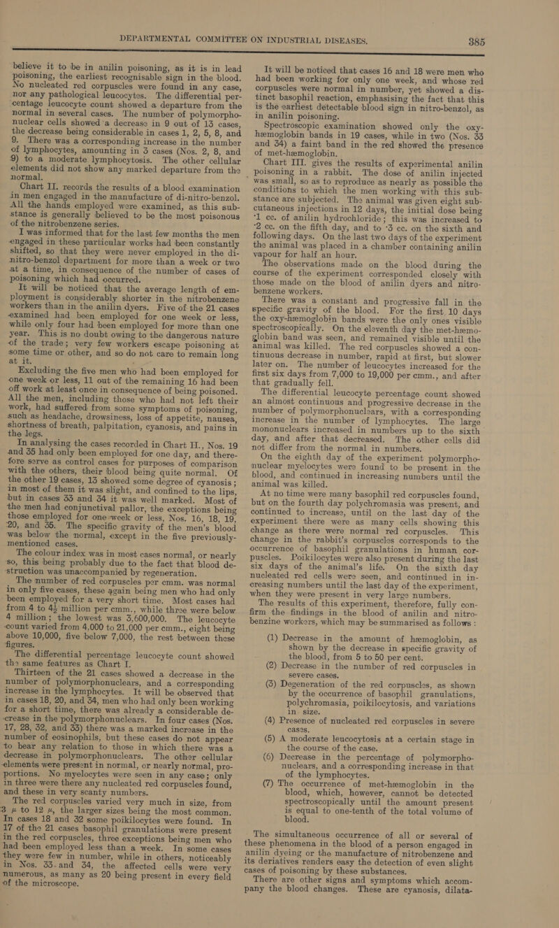 believe it to be in anilin poisoning, as it is in lead poisoning, the earliest recognisable sign in the blood. No nucleated red corpuscles were found in any case, nor any pathological leucocytes. The differential per- centage leucocyte count showed a departure from the normal in several cases. The number of polymorpho- nuclear cells showed’a decreass in 9 out of 13 cases, the decrease being considerable in cases 1, 2, 5, 8, and 9. There was a corresponding increase in the number of lymphocytes, amounting in 3 cases (Nos. 2, 8, and 9) to a moderate lymphocytosis. The other cellular elements did not show any marked departure from the normal, Chart II. records the results of a blood examination in men engaged in the manufacture of di-nitro-benzol. All the hands employed were examined, as this sub- Stance is generally believed to be the most poisonous of the nitrobenzene series. I was informed that for the last few months the men engaged in these particular works had been constantly shifted, so that they were never employed in the di- nitro-benzol department for more than a week or two at a time, in consequence of the number of cases of poisoning which had occurred. It will be noticed that the average length of em- ployment is considerably shorter in the nitrobenzene workers than in the anilin dyers. Five of the 21 cases examined had been employed for one week or less, while only four had been employed for more than one year. This is no doubt owing to the dangerous nature of the trade; very few workers escape poisoning at some time or other, and so do not care to remain long at it. : Excluding the five men who had been employed for one week or less, 11 out of the remaining 16 had been off work at least once in consequence of being poisoned. All the men, including those who had not left their work, had suffered from some symptoms of poisoning, such as headache, drowsiness, loss of appetite, nausea, shortness of breath, palpitation, cyanosis, and pains in the legs. In analysing the cases recorded in Chart II., Nos. 19 and 35 had only been employed for one day, and there- fore serve as control cases for purposes of comparison with the others, their blood being quite normal. Of the other 19 cases, 13 showed some degree of cyanosis ; in most of them it was slight, and confined to the lips, but in cases 33 and 34 it was well marked. Most of the men had conjunctival pallor, the exceptions being those employed for one week or less, Nos. Ble Melts males 20, and 55. The specific gravity of the men’s blood was below the normal, except in the five previously- mentioned cases. The colour index was in most cases normal, or nearly so, this being probably due to the fact that blood de- ‘struction was unaccompanied by regeneration. The number of red corpuscles per cmm. was normal in only five cases, these again being men who had only been employed for a very short time. Most cases had from 4 to 44 million per cmm., while three were below 4 million; the lowest was 3,600,000. The leucocyte ‘count varied from 4,000 to 21,000 per cmm., eight being above 10,000, five below 7,000, the rest between these figures. The differential percentage leucocyte count showed the same features as Chart I. Thirteen of the 21 cases showed a decrease in the number of polymorphonuclears, and a corresponding increase in the lymphocytes. It will be observed that in cases 18, 20, and 34, men who had only been working for a short time, there was already a considerable de- crease in the polymorphonuclears. In four cases (Nos. 17, 28, 32, and 33) there was a marked increase in the number of eosinophils, but these cases do not appear to bear any relation to those in which there was a decrease in polymorphonuclears. The other cellular elements were present in normal, or nearly normal, pro- portions. No myelocytes were seen in any case; only in three were there any nucleated red corpuscles found, and these in very scanty numbers. The red corpuscles varied very much in size, from 3 # to 12 w, the larger sizes being the most common. In cases 18 and 32 some poikilocytes were found. In 17 of the 21 cases basophil granulations were present in the red corpuscles, three exceptions being men who had been employed less than a week. In some cases they were few in number, while in others, noticeably in Nos. 33.and 34, the affected cells were very numerous, as many as 20 being present in every field of the microscope. It will be noticed that cases 16 and 18 were men who had been working for only one week, and whose red corpuscles were normal in number, yet showed a dis- tinct basophil reaction, emphasising the fact that this is the earliest detectable blood sign in nitro-benzol, as in anilin poisoning. Spectroscopic examination showed only the oxy- hemoglobin bands in 19 cases, while in two (Nos. 33 and 54) a faint band in the red showed the presence of met-hzemoglobin. Chart III. gives the results of experimental anilin poisoning in a rabbit. The dose of anilin injected conditions to which the men working with this sub- stance are subjected. The animal was given eight sub- cutaneous injections in 12 days, the initial dose being ‘1 cc. of anilin hydrochloride; this was increased to 2 cc. on the fifth day, and to ‘3 cc. on the sixth and following days. On the last two days of the experiment the animal was placed in a chamber containing anilin vapour for half an hour. The observations made on the blood during the course of the experiment corresponded closely with those made on the blood of anilin dyers and nitro- benzene workers. There was a constant and progressive fall in the Specific gravity of the blood. For the first 10 days the oxy-hemoglobin bands were the only ones visible spectroscopically. On the eleventh diay the met-hemo- globin band was seen, and remained visible until the animal was killed. The red corpuscles showed a con- tinuous decrease in number, rapid at first, but slower later on. The number of leucocytes increased for the first six days from 7,000 to 19,000 per cmm., and after that gradually fell. The differential leucocyte percentage count showed an almost continuous and progressive decrease in the number of polymorphonuclears, with a corresponding increase in the number of lymphocytes. The large mononuclears increased in numbers up to the sixth day, and after that decreased. The other cells did not differ from the normal in numbers. On the eighth day of the experiment polymorpho- nuclear myelocytes were found to be present in the blood, and continued in increasing numbers until the animal was killed. At no time were many basophil red corpuscles found, but on the fourth day polychromasia was present, and continued to increase, until on the last day of the experiment there were as many cells showing this change as there were normal red corpuscles. This change in the rabbit’s corpuscles corresponds to the occurrence of basophil granulations in human. cor- puscles. Poikilocytes were also present during the last six days of the animal’s life. On the sixth day nucleated red cells were seen, and continued in in- creasing numbers until the last day of the experiment, when they were present in very large numbers. The results of this experiment, therefore, fully con- firm the findings in the blood of anilin and nitro- benzine workers, which may be summarised as follows : (1) Decrease in the amount of hemoglobin, as shown by the decrease in specific gravity of the blood, from 5 to 50 per cent. (2) Decrease in the number of red corpuscles in severe cases. (3) Degeneration of the red corpuscles, as shown by the occurrence of basophil granulations, polychromasia, poikilocytosis, and variations in size. (4) Presence of nucleated red corpuscles in severe cases. (5) A moderate leucocytosis at a certain stage in the course of the case. (6) Decrease in the percentage of polymorpho- nuclears, and a corresponding increase in that of the lymphocytes. (7) The occurrence of met-hemoglobin in the blood, which, however, cannot be detected spectroscopically until the amount present is equal to one-tenth of the total volume of blood. The simultaneous occurrence of all or several of these phenomena in the blood of a person engaged in anilin dyeing or the manufacture of nitrobenzene and its deriatives renders easy the detection of even slight cases of poisoning by these substances. There are other signs and symptoms which accom- pany the blood changes. These are cyanosis, dilata-