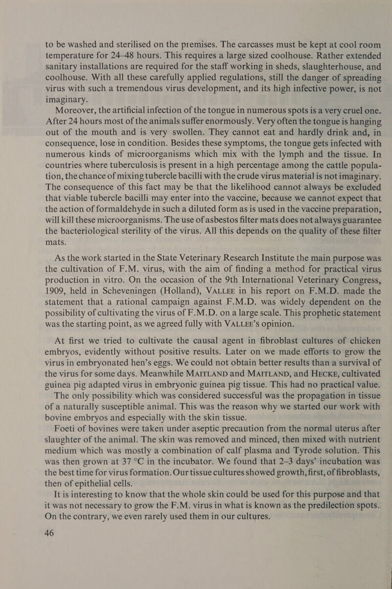 to be washed and sterilised on the premises. The carcasses must be kept at cool room temperature for 24-48 hours. This requires a large sized coolhouse. Rather extended sanitary installations are required for the staff working in sheds, slaughterhouse, and coolhouse. With all these carefully applied regulations, still the danger of spreading virus with such a tremendous virus development, and its high infective power, is not imaginary. Moreover, the artificial infection of the tongue in numerous spots is a very cruel one. After 24 hours most of the animals suffer enormously. Very often the tongue is hanging out of the mouth and is very swollen. They cannot eat and hardly drink and, in consequence, lose in condition. Besides these symptoms, the tongue gets infected with numerous kinds of microorganisms which mix with the lymph and the tissue. In countries where tuberculosis is present in a high percentage among the cattle popula- tion, the chance of mixing tubercle bacilli with the crude virus material is not imaginary. The consequence of this fact may be that the likelihood cannot always be excluded that viable tubercle bacilli may enter into the vaccine, because we cannot expect that the action of formaldehyde in such a diluted form as is used in the vaccine preparation, will kill these microorganisms. The use of asbestos filter mats does not always guarantee the bacteriological sterility of the virus. All this depends on the quality of these filter mats. As the work started in the State Veterinary Research Institute the main purpose was: the cultivation of F.M. virus, with the aim of finding a method for practical virus. production in vitro. On the occasion of the 9th International Veterinary Congress, 1909, held in Scheveningen (Holland), VALLEE in his report on F.M.D. made the statement that a rational campaign against F.M.D. was widely dependent on the possibility of cultivating the virus of F.M.D. ona large scale. This prophetic statement was the starting point, as we agreed fully with VALLEE’s opinion. At first we tried to cultivate the causal agent in fibroblast cultures of chicken embryos, evidently without positive results. Later on we made efforts to grow the virus in embryonated hen’s eggs. We could not obtain better results than a survival of the virus for some days. Meanwhile MAITLAND and MAITLAND, and HECKE, cultivated guinea pig adapted virus in embryonic guinea pig tissue. This had no practical value. The only possibility which was considered successful was the propagation in tissue of a naturally susceptible animal. This was the reason why we started our work with bovine embryos and especially with the skin tissue. Foeti of bovines were taken under aseptic precaution from the normal uterus after slaughter of the animal. The skin was removed and minced, then mixed with nutrient medium which was mostly a combination of calf plasma and Tyrode solution. This was then grown at 37 °C in the incubator. We found that 2—3 days’ incubation was the best time for virus formation. Our tissue cultures showed growth, first, of fibroblasts, then of epithelial cells. It is interesting to know that the whole skin could be used for this purpose and that it was not necessary to grow the F.M. virus in what is known as the predilection spots. On the contrary, we even rarely used them in our cultures.