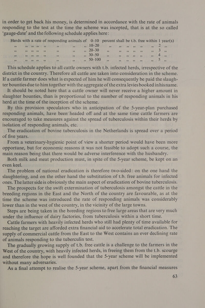 in order to get back his money, is determined in accordance with the rate of animals responding to the test at the time the scheme was incepted, that is at the so called ‘gauge-date’ and the following schedule applies here: Herds with a rate of responding animals of 0-10 percent shall be t.b. free within 1 year(s) 399 99 RI) ALI: 99 99 ue) 99 10-20 99 99 29 9 29 29 2 29 29 99 99 99 99 99 29 29 20-30 99 99 99 29 39 99 3 99 a tet ak oe bs sp * = >». 30-50 + aos pee oe asgly( Hy 55 29 99 Ae ae Dt J 99 2° 99 39° 50-100 99 29 bb) 9° 2° 99 5 99 This schedule applies to all cattle owners with t.b. infected herds, irrespective of the district in the country. Therefore all cattle are taken into consideration in the scheme. If a cattle farmer does what is expected of him he will consequently be paid the slaugh- ter bounties due to him together with the aggregate of the extra levies booked inhisname. It should be noted here that a cattle owner will never receive a higher amount in slaughter bounties, than is proportional to the number of responding animals in his herd at the time of the inception of the scheme. By this provision speculators who in anticipation of the 5-year-plan purchased responding animals, have been headed off and at the same time cattle farmers are encouraged to take measures against the spread of tuberculosis within their herds by isolation of responding animals, etc. | The eradication of bovine tuberculosis in the Netherlands is spread over a period of five years. From a veterinary-hygienic point of view a shorter period would have been more opportune, but for economic reasons it was not feasible to adopt such a course, the main reason being that there would be adverse interference with the husbandry. Both milk and meat production must, in spite of the 5-year scheme, be kept on an even keel. The problem of national eradication is therefore two-sided: on the one hand the slaughtering, and on the other hand the substitution of t.b. free animals for infected ones. The latter sideis obviously the main aspect of eradication of bovine tuberculosis. The prospects for the swift extermination of tuberculosis amongst the cattle in the breeding regions in the East and the North of the country are favourable, as at the time the scheme was introduced the rate of responding animals was considerably lower than in the west of the country, in the vicinity of the large towns. Steps are being taken in the breeding regions to free large areas that are very much under the influence of dairy factories, from tuberculosis within a short time. Cattle farmers with heavily infected herds who still had plenty of time available for reaching the target are afforded extra financial aid to accelerate total eradication. The supply of commercial cattle from the East to the West contains an ever declining rate of animals responding to the tuberculin test. The gradually growing supply of t.b. free cattle is a challenge to the farmers in the West of the country, with heavily infected herds, in freeing them from the t.b. scourge and therefore the hope is well founded that the 5-year scheme will be implemented without many adversaries. As a final attempt to realise the 5-year scheme, apart from the financial measures