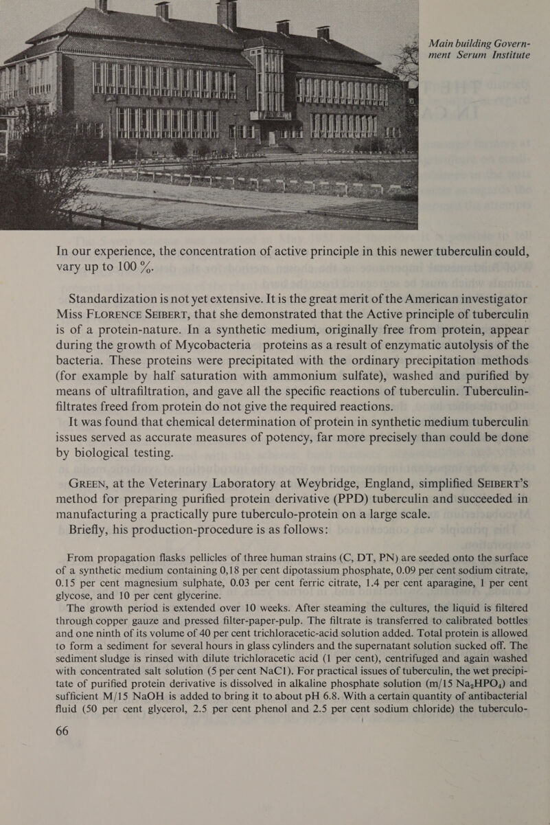 Main building Govern- ment Serum Institute  In our experience, the concentration of active principle in this newer tuberculin could, vary up to 100 %. Standardization is not yet extensive. It is the great merit of the American investigator Miss FLORENCE SEIBERT, that she demonstrated that the Active principle of tuberculin is of a protein-nature. In a synthetic medium, originally free from protein, appear during the growth of Mycobacteria proteins as a result of enzymatic autolysis of the bacteria. These proteins were precipitated with the ordinary precipitation methods (for example by half saturation with ammonium sulfate), washed and purified by means of ultrafiltration, and gave all the specific reactions of tuberculin. Tuberculin- filtrates freed from protein do not give the required reactions. It was found that chemical determination of protein in synthetic medium tuberculin issues served as accurate measures of potency, far more precisely than could be done by biological testing. GREEN, at the Veterinary Laboratory at Weybridge, England, simplified SEIBERT’s method for preparing purified protein derivative (PPD) tuberculin and succeeded in manufacturing a practically pure tuberculo-protein on a large scale. Briefly, his production-procedure is as follows: From propagation flasks pellicles of three human strains (C, DT, PN) are seeded onto the surface of a synthetic medium containing 0,18 per cent dipotassium phosphate, 0.09 per cent sodium citrate, 0.15 per cent magnesium sulphate, 0.03 per cent ferric citrate, 1.4 per cent aparagine, 1 per cent glycose, and 10 per cent glycerine. The growth period is extended over 10 weeks. After steaming the cultures, the liquid is filtered through copper gauze and pressed filter-paper-pulp. The filtrate is transferred to calibrated bottles and one ninth of its volume of 40 per cent trichloracetic-acid solution added. Total protein is allowed to form a sediment for several hours in glass cylinders and the supernatant solution sucked off. The sediment sludge is rinsed with dilute trichloracetic acid (1 per cent), centrifuged and again washed with concentrated salt solution (5 per cent NaCl). For practical issues of tuberculin, the wet precipi- tate of purified protein derivative is dissolved in alkaline phosphate solution (m/15 Na;HPO,) and sufficient M/15 NaOH is added to bring it to about pH 6.8. With a certain quantity of antibacterial fluid (50 per cent glycerol, 2.5 per cent phenol and 2.5 per cent sodium chloride) the tuberculo-
