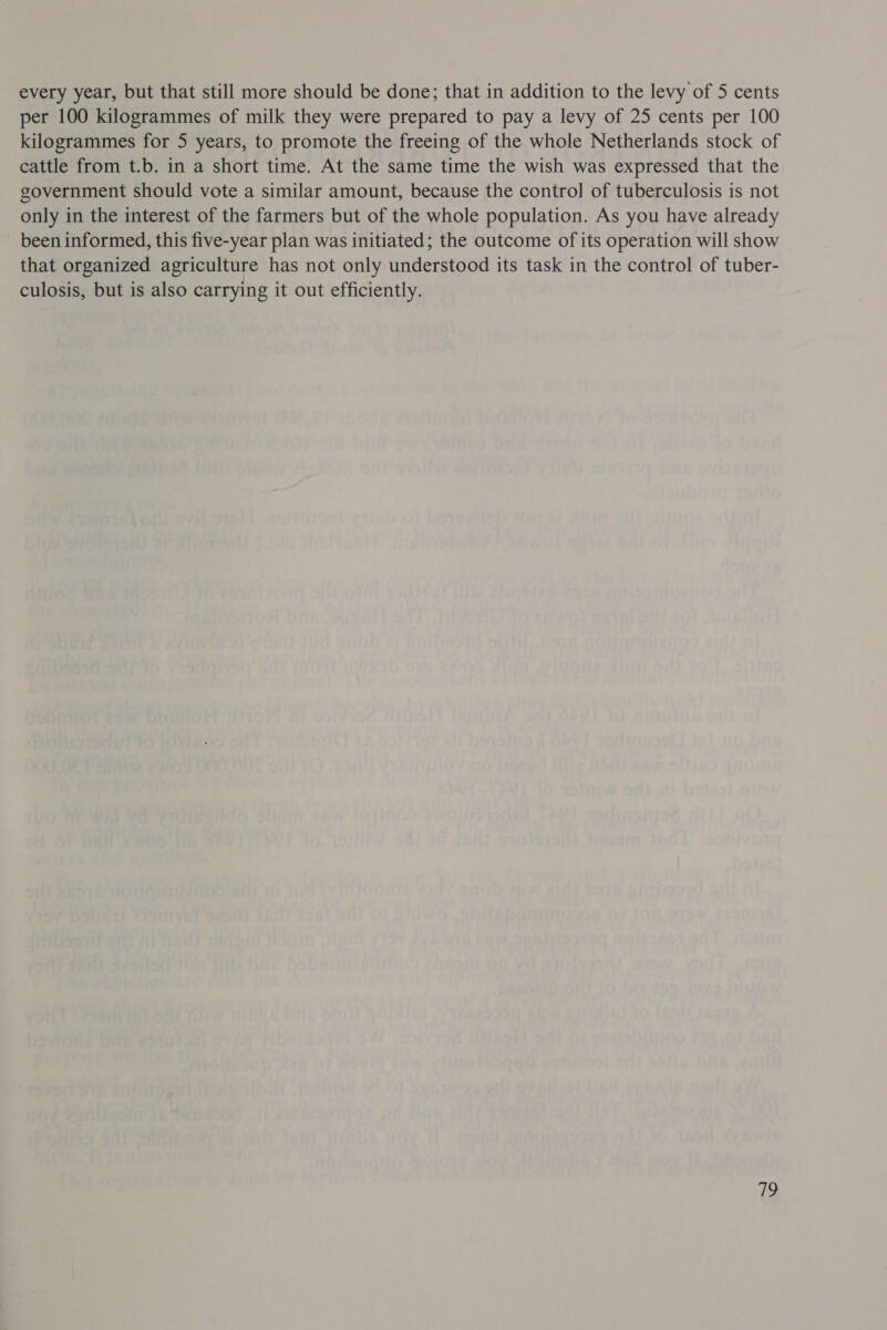 every year, but that still more should be done; that in addition to the levy of 5 cents per 100 kilogrammes of milk they were prepared to pay a levy of 25 cents per 100 kilogrammes for 5 years, to promote the freeing of the whole Netherlands stock of cattle from t.b. in a short time. At the same time the wish was expressed that the government should vote a similar amount, because the control of tuberculosis is not only in the interest of the farmers but of the whole population. As you have already _ been informed, this five-year plan was initiated; the outcome of its operation will show that organized agriculture has not only understood its task in the control of tuber- culosis, but is also carrying it out efficiently. 719