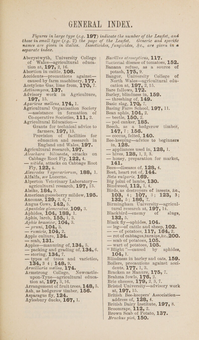 Aberystwyth, University College _of Wales—agricultural educa- tion at, 197, 2, 16. Abortion in cattle, L108. Accidents—precautions against— caused by farm machinery, 17%. Acetylene Gas, lime from, 1'70, 7. Actinomyces, 137. Advisory work in Agriculture, 197, 15. Agaricus melleus, 1'74, 1. Agricultural Organisation Society —assistance in formation of Co-operative Societies, 111, 2. Agricultural Education— Grants for technical advice to farmers, 197, 13. Provision of facilities for education and research in England and Wales, 19%. Agricultural research, 197. Aleochara Obilineata, attacks on Cabbage Root Fly, 122, 4. — nitida, attacks on Cabbage Root Fly, 122, 4. Aleurodes Vaporariorum, 188, 1. Alfalfa, see Lucerne. Alperton Veterinary Laboratory— agricultural research, 197, 13. Alsike, 184, 9. American gooseberry mildew, 195. Anconas, 129, 2, 6, 7. Angus Cows, 142, 5. Apanteles glomeratus, 109, 3. Aphides, 104, 188, 1. Aphis, larch, 155, 1, 3. Aphis brassicae, 104, 3. — pruni, 104, 3. — rumicis, 104, 2. Apple culture, 134. — scab, 131. Apples—manuring of, 134, 5. — packing and grading of, 134, 6. — storing, 134, 7. — types of trees and varieties, 134, 3 4; 148, 9. Armillaria mellea, 174. Armstrong College, Newcastle- upon-Tyne—agricultural educa- tion at, 19'7, 3, 16. Arrangement of fruit trees, 148, 5. Ash, as hedgerow timber, 156. Asparagus fly, 124. Aylesbury ducks, 167, 1.   Generic and specific Bacillus atrosepticus, 117. lacterial disease of tomatoes, 152. Banana refuse, as a source of potash, 1'75, 9. Bangor, University College of North Wales—agricultural edu- cation at, 19'7, 2, 15. Bare fallows, 172. Barley, blindness in, 159. — threshing of, 149. Basic slag, 1'7Q, 7. Basing Farm School, 197, 11. Bean aphis, 104, 2. — beetle, 150, 2. — pod canker, 185. Beech, as a hedgerow timber, 147,7; 156. — coccus, felted, 140. Bee-keeping—advice to beginners in, 128. — appliances used in, 128, 1. — hives, 128, 1, 2, 3. — honey, preparation for market, 141. Bees—diseases of, 128, 4. Beet, heart rot of, 144. Beta vulgaris, 169. Big joint of lambs, 130. Bindweed, 112, 1, 4. Birds, as destroyers of insects, Xc., 103, 4; 107, 3; 123, 3; 132, 5; 186, 7. Birmingham University—agricul- tural research at, 197, 14. Blackbird—enemy of 132, 5. Black fly—aphides, 104. — leg—of cattle and sheep, 102. — — of potatoes, 117, 164, 2. — rot of cabbages,turnips,&amp;c.,200. — scab of potatoes, 105. — wart of potatoes, 105. “ Blight ’—caused by 104, 1. Blindness in barley and oats, 159. Boilers, precautions against acci- dents, 1'7'7, 1, 3. Bracken as Manure, 1'75, 7. Brahma fowls, 176, 2. Brie cheeses, 1'79, 2, 3, 7. Bristol University—advisory work at, 197, 15. British Bee-keepers’ Association— address of, 128, 4. British Dairy Institute, 197, 8. Broomrape, 112, 2. Brown Scab of Potato, 137. Bruchus pisi, 150. slugs, aphides,