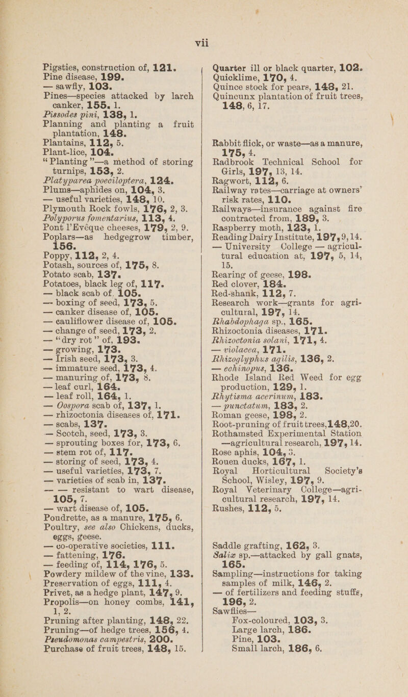 Pigsties, construction of, 121. Pine disease, 199. — sawfly, 103. Pines—species attacked by larch canker, 155, 1. Pissodes pini, 138, 1. Planning and planting a fruit plantation, 148. Plantains, 112, 5. Plant-lice, 104. “Planting ’—a method of storing turnips, 153, 2. Platyparea poeciloptera, 124. Plums—aphides on, 104, 3. — useful varieties, 148, 10. Plymouth Rock fowls, 1'76, 2, 3. Polyporus fomentarius, 113, 4. Pont l’Evéque cheeses, 1'79, 2, 9. Poplars—as hedgegrow timber, Poppy, 112, 2, 4. Potash, sources of, 1'75, 8. Potato scab, 137, Potatoes, black leg of, 117. — black scab of, 105. —- boxing of seed, 173, 5. — canker disease of, 105. — cauliflower disease of, 105. — change of seed, 173, 2. — “dry rot” of, 193. — growing, 173. — Irish seed, 1'73, 3. — immature seed, 1'73, 4. — manuring of, 173, 8. — leaf curl, 164. — leaf roll, 164, 1. — Oospora scab of, 137, 1. — rhizoctonia diseases of, 171. — scabs, 137. — Scotch, seed, 173, 3. — sprouting boxes for, 173, 6. — stem rot of, 117. — storing of seed, 173, 4. — useful varieties, 173, 7. — varieties of scab in, 137. -——- — resistant to wart disease, 105, 7. — wart disease of, 105. Poudrette, as a manure, 175, 6. Poultry, see also Chickens, ducks, eggs, geese. — vo-operative societies, 111. — fattening, 176. — feeding of, 114, 176, 5. Powdery mildew of the vine, 133. Preservation of eggs, LI1L, 4. Privet, as a hedge plant, 147, 9. Propolis—on honey combs, 141, 1, 2. Pruning after planting, 148, 22. Pruning—ot hedge trees, 156, 4. Pseudomonas campestris, 200. Quarter ill or black quarter, 102. Quicklime, 1'70, 4. Quince stock for pears, 148, 21. Quincunx plantation of fruit trees, 148, 6, 17. Rabbit flick, or waste—as a manure, 175, 4. Radbrook Technical School for Girls, 19'7, 13, 14. Ragwort, 112, 6. Railway rates—carriage at owners’ risk rates, 110. Railways—insurance against fire contracted from, 189, 3. Raspberry moth, 123, 1. Reading Dairy Institute, 197, 9,14. — University College — agricul- tural education at, 19'7, 5, 14, 15. Rearing of geese, 198. Red clover, 184. Red-shank, 112, 7. Research work—grants for agri- cultural, 19'7, 14. Rhabdophaga sp., 165. Rhizoctonia diseases, 1'71. Rhizoctonia solani, 171, 4. — violacea, 171. Rhizoglyphus agilis, 136, 2. — echinopus, 136. Rhode Island Red Weed for egg production, 129, 1. Rhytisma acerinum, 183. — punctatum, 183, 2. Roman geese, 198, 2. Root-pruning of fruit trees,148,20. Rothamsted Experimental Station —agricultural research, 19'7, 14. Rose aphis, 104, 3. Rouen ducks, 167, 1. Royal Horticultural School, Wisley, 19'7, 9. Royal Veterinary College—agri- cultural research, 197, 14. Rushes, 112, 5. Society’s Saddle grafting, 162, 3. Salix sp.—attacked by gall gnats, 165. Sampling—instructions for taking samples of milk, 146, 2. — of fertilizers and feeding stuffe, 196, 2. Saw flies— Fox-coloured, 103, 3. Large larch, 186. Pine, 103.